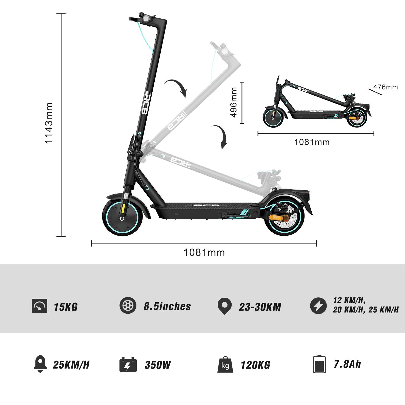 Patinete Elétrico Adulto RCB-R17 - Bateria 7,8Ah 6/7