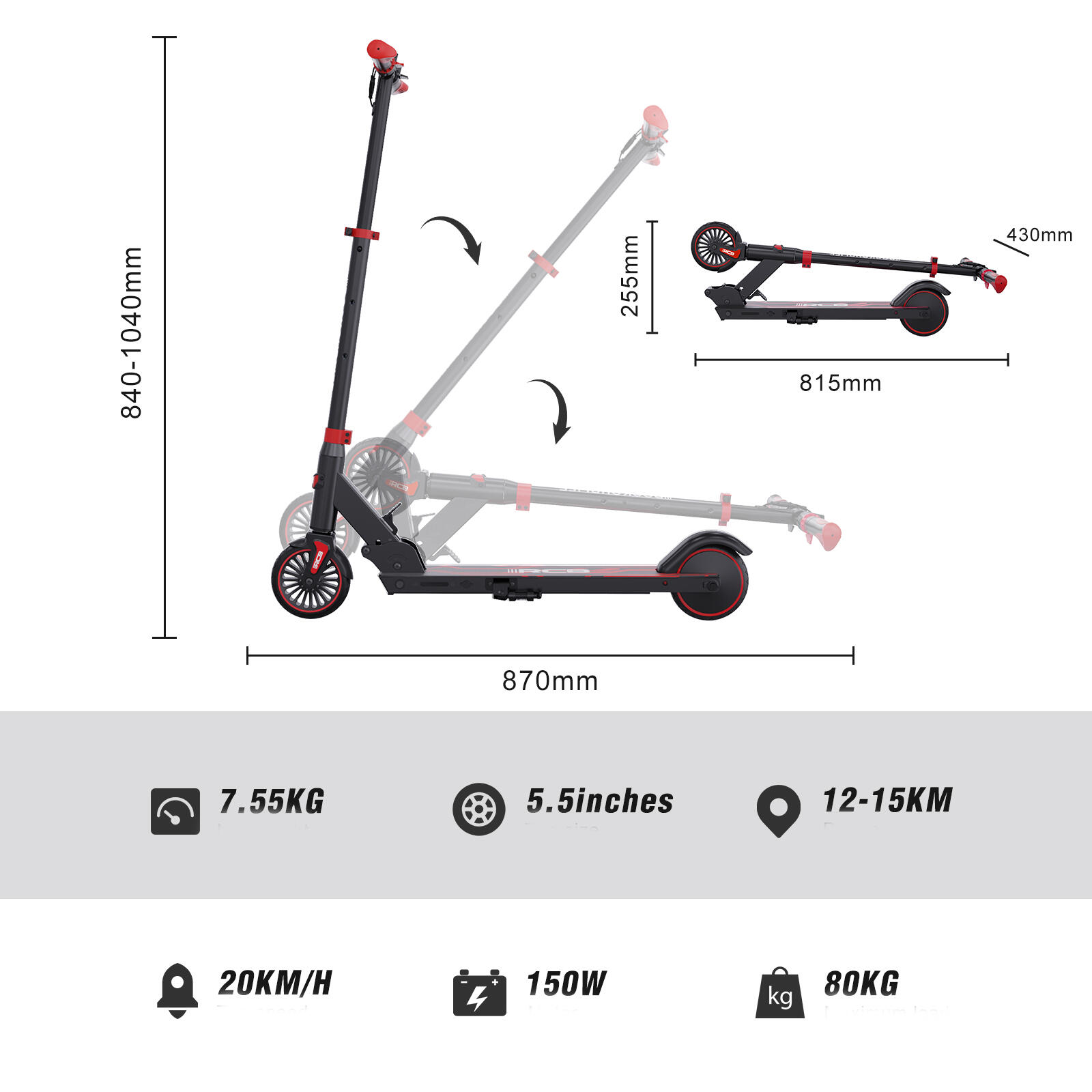 Monopattino Elettrico Pieghevole per Bambini Pieghevole RCB-R15 6/8