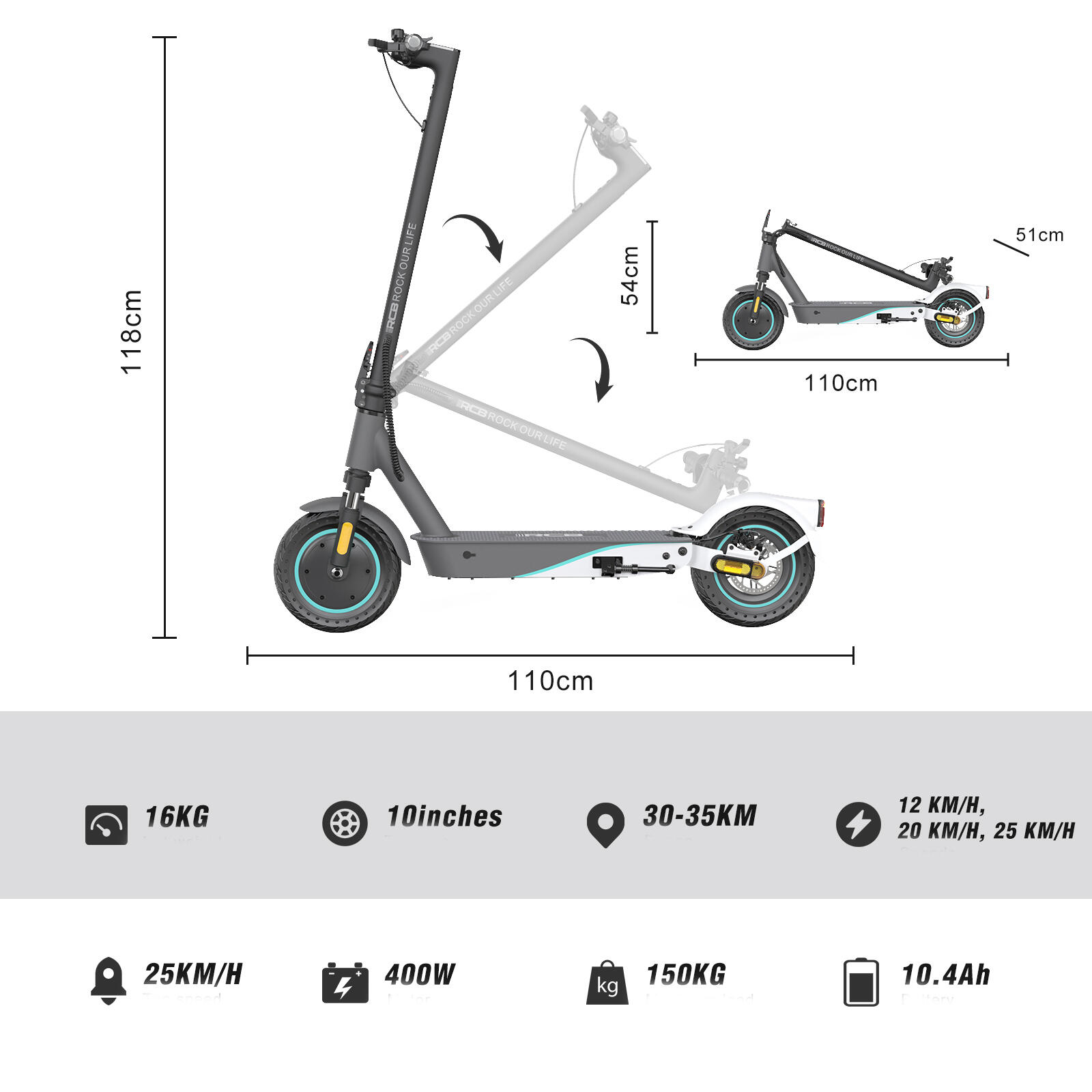 RCB R17/R19 Trottinette électrique Adulte – 25 Km/h, 350W, Batterie 7,8Ah, Autonomie 30km, APP, Double Frein, Amortisseurs