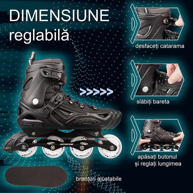 Role All Black, marimea L (41-44), aluminiu, roti PU luminoase, negru