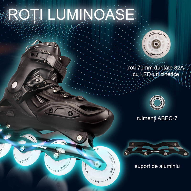 Role All Black, marimea L (41-44), aluminiu, roti PU luminoase, negru