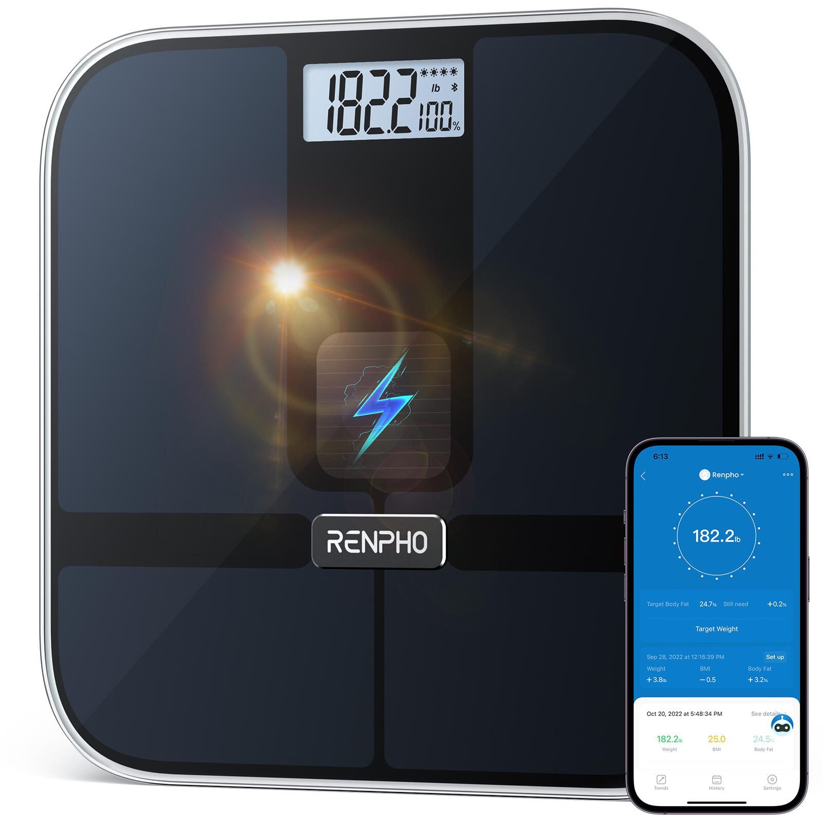Renpho Slimme Weegschaal ELIS SOLAR 2 Bluetooth WiFi LED App Zwart 2/2