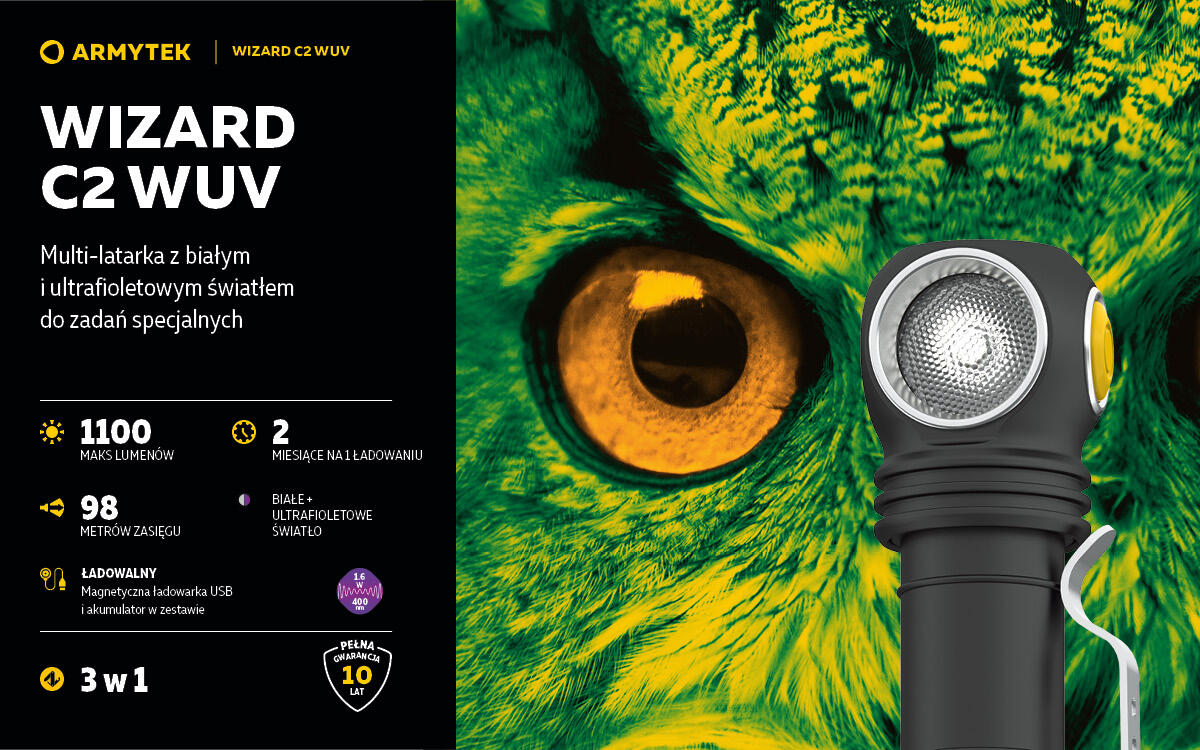 Lampe de Poche Multifonction, Armytek, Wizard C2 WUV, Aimant USB 2/7