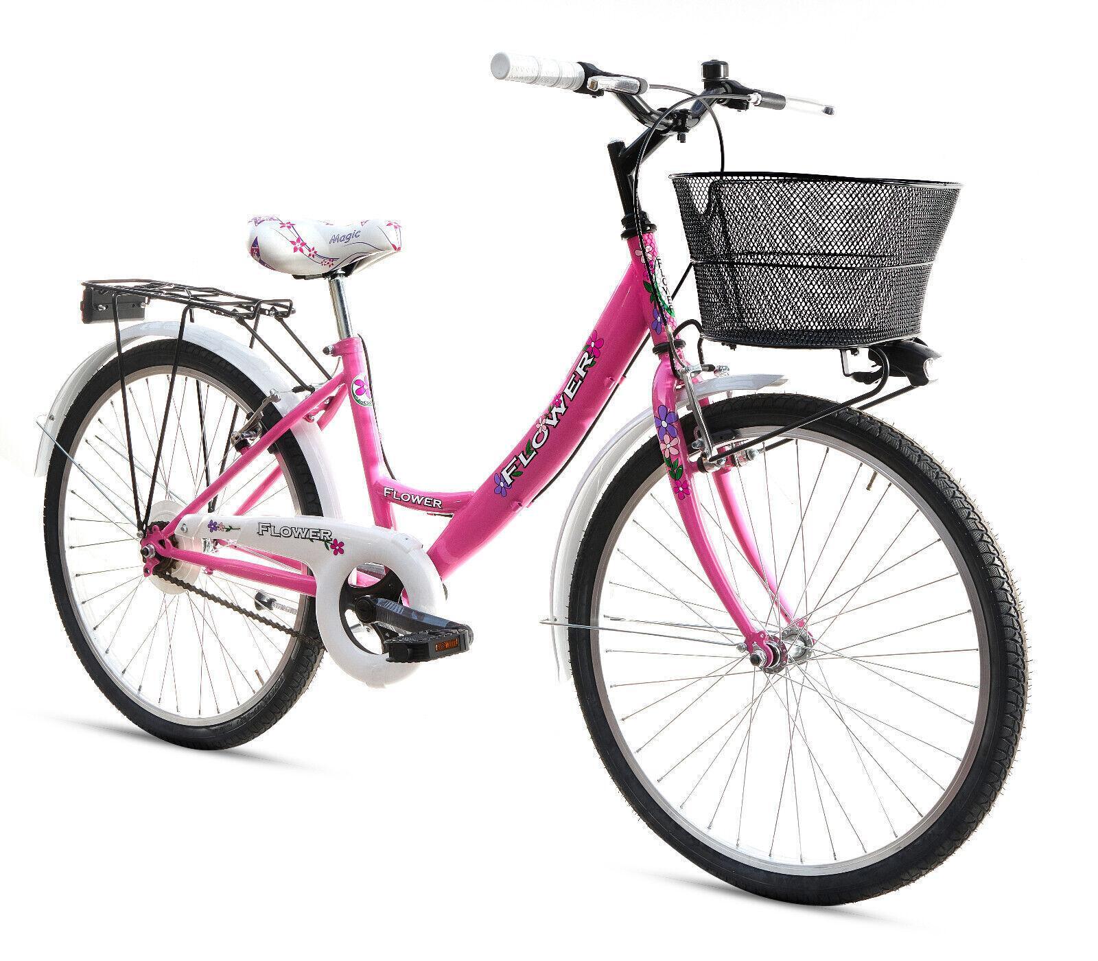 Bicicletta Bambina Ragazza Da Passeggio Misura 24 Bici Cestino Floreale Rosa 3/7