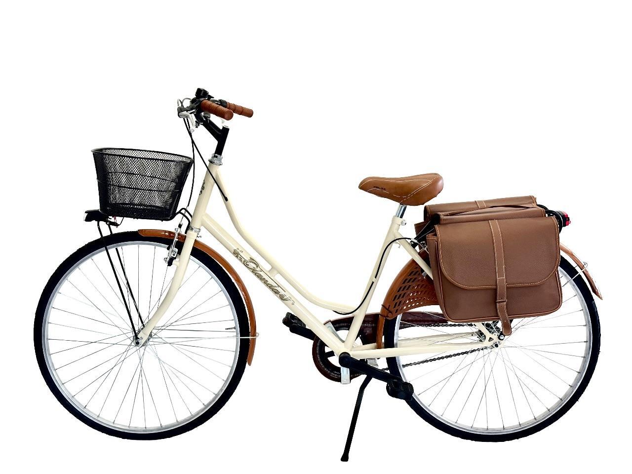 Bicicletta Donna Da Passeggio 26 Bici Città Vintage Con Cestino E Borse Beige 2/5