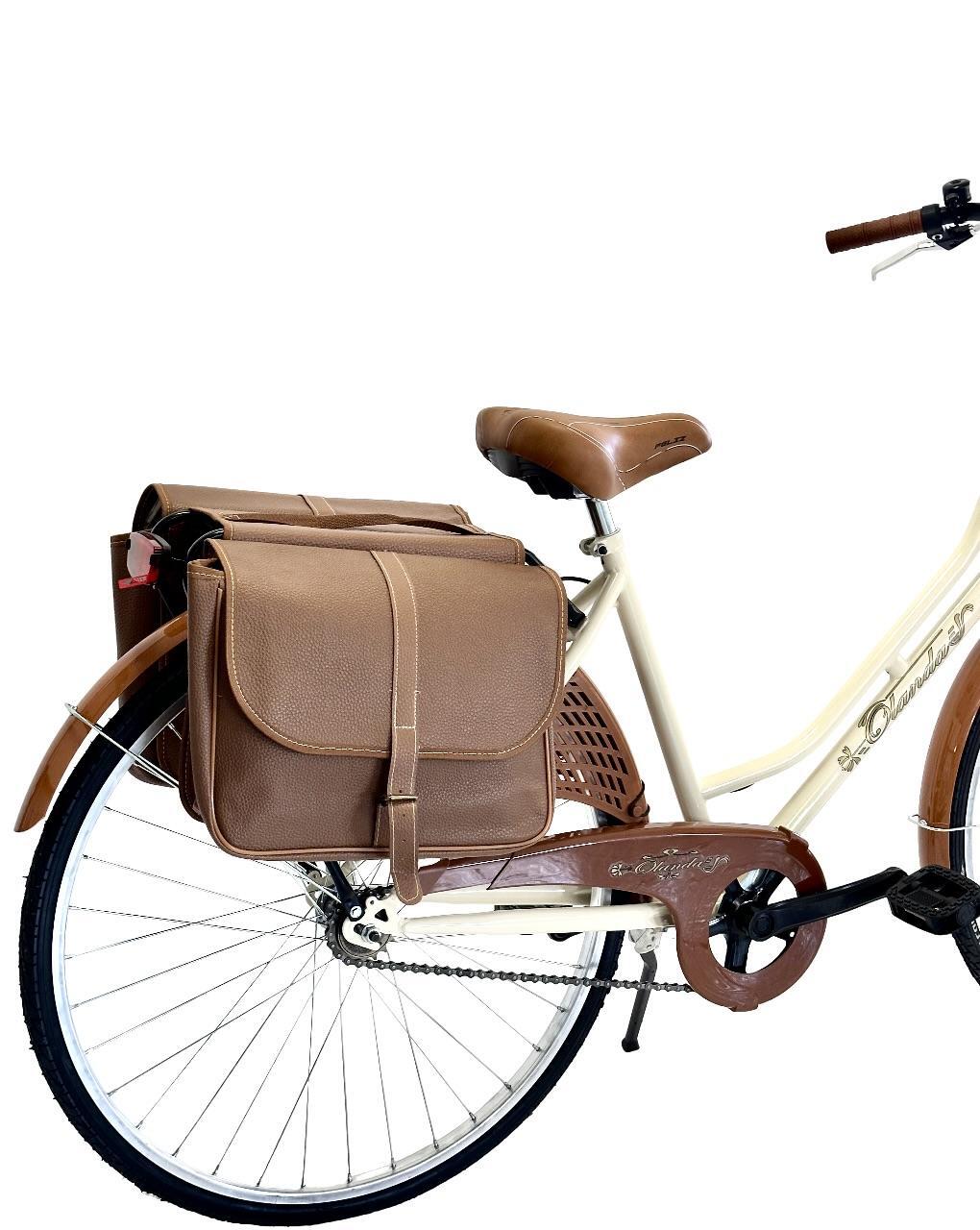 Bicicletta Donna Da Passeggio 26 Bici Città Vintage Con Cestino E Borse Beige 4/5