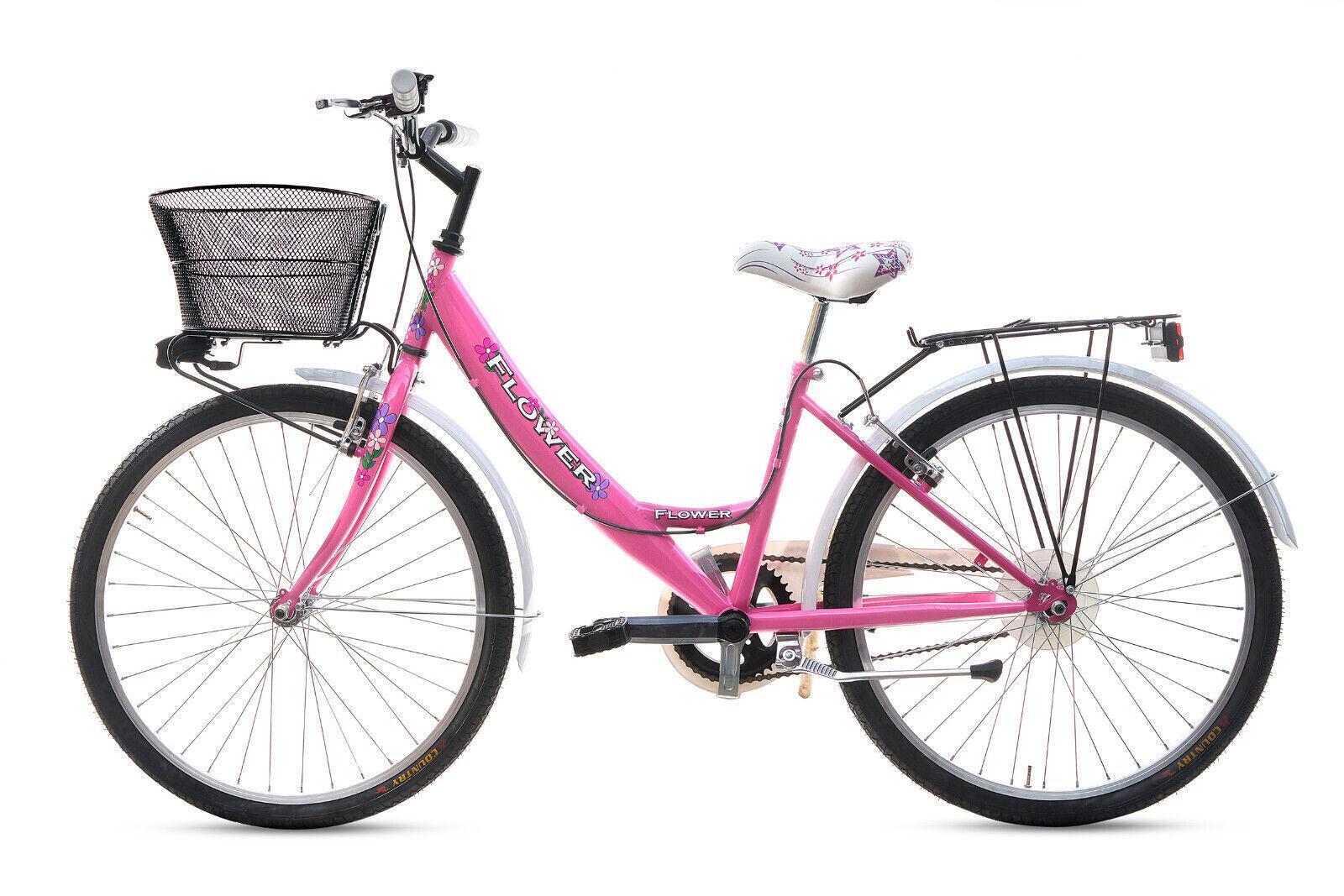 Bicicletta Bambina Ragazza Da Passeggio Misura 24 Bici Cestino Floreale Rosa 2/7