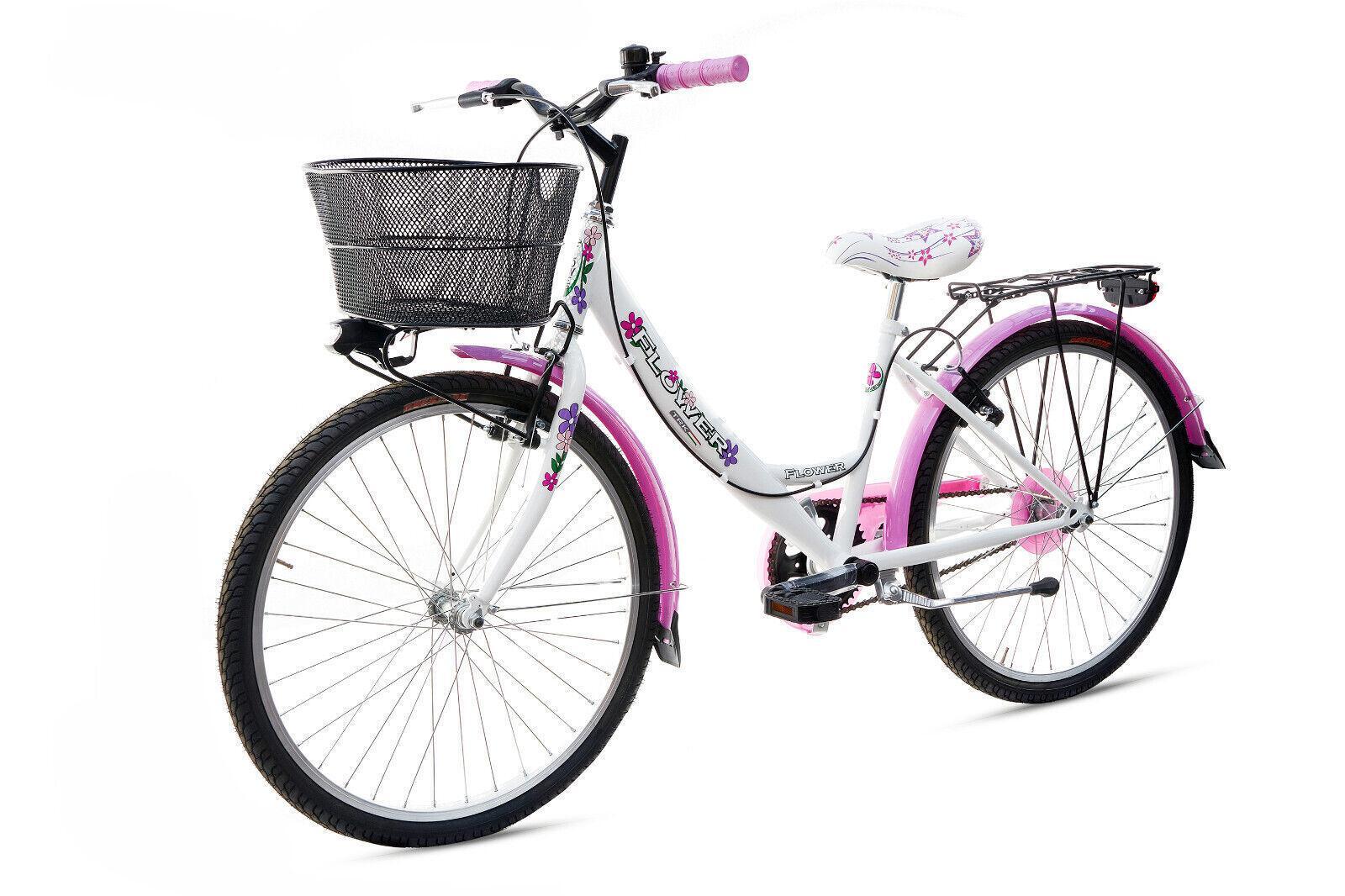 Bicicletta Bambina Ragazza Da Passeggio Misura 24 Bici Cestino Floreale Bianca 4/7