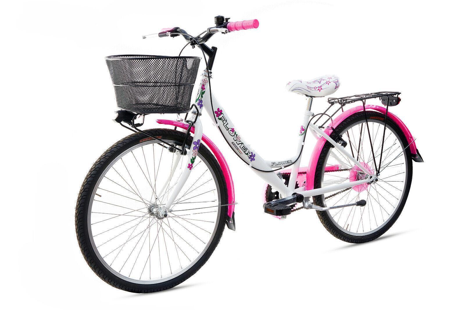 Bicicletta Bambina Ragazza Da Passeggio Misura 24 Bici Cestino Floreale Fluo 4/7