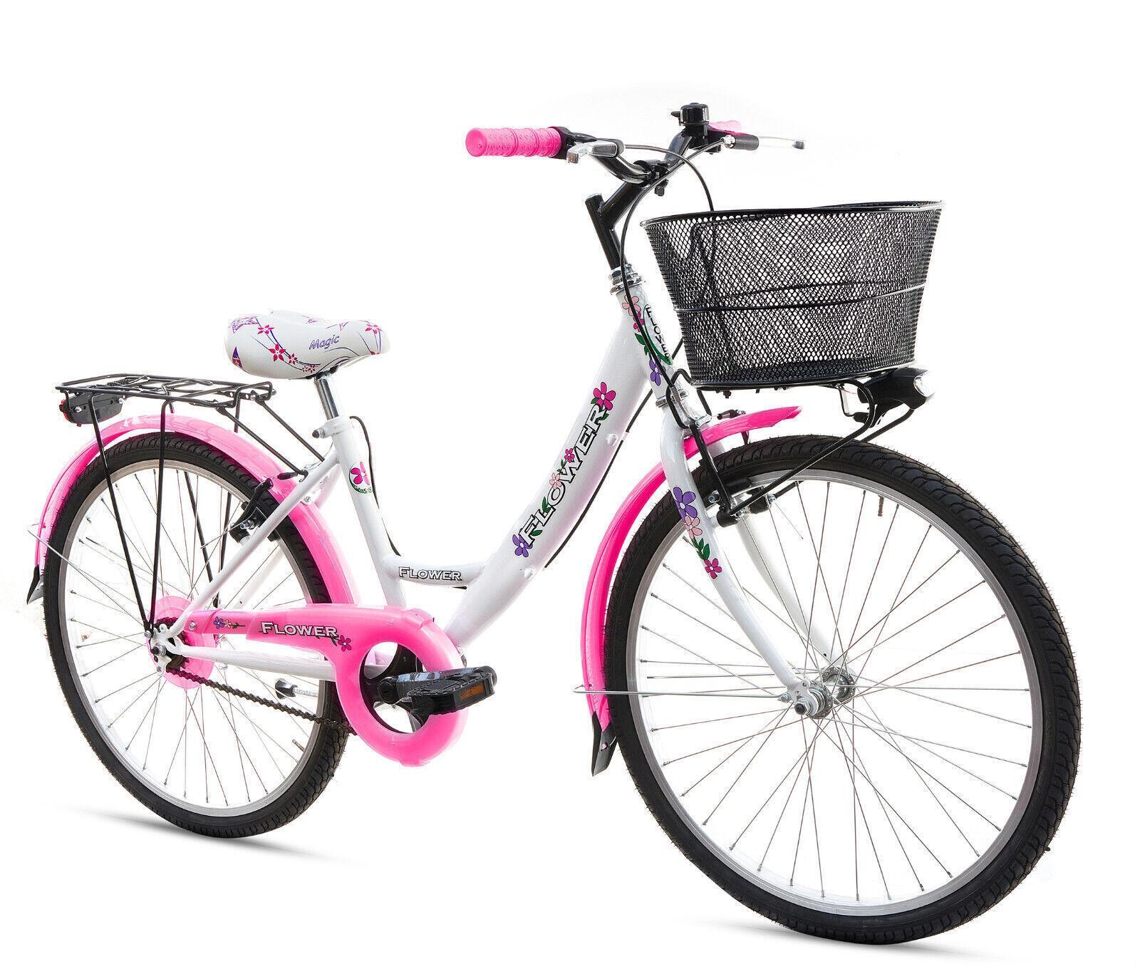 Bicicletta Bambina Ragazza Da Passeggio Misura 24 Bici Cestino Floreale Fluo 3/7