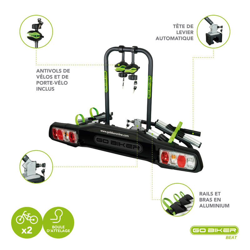 Porte-vélos sur attelage GO BIKER BEAT - 2 vélos - 15 kg/rail - inclinable