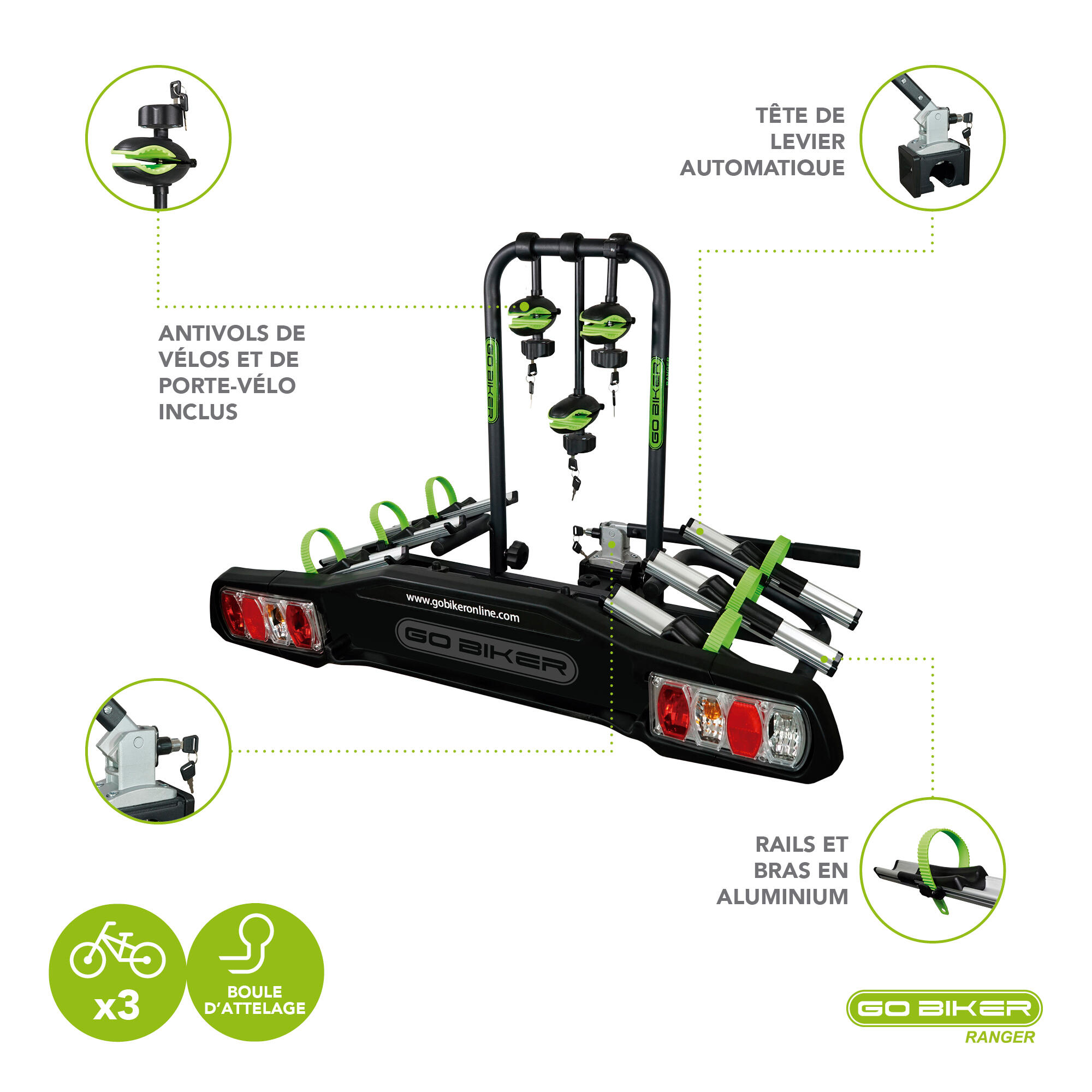 Porte-vélos GO BIKER RANGER - 3 vélos - pliable - 15 kg/rail - antivol 2/7