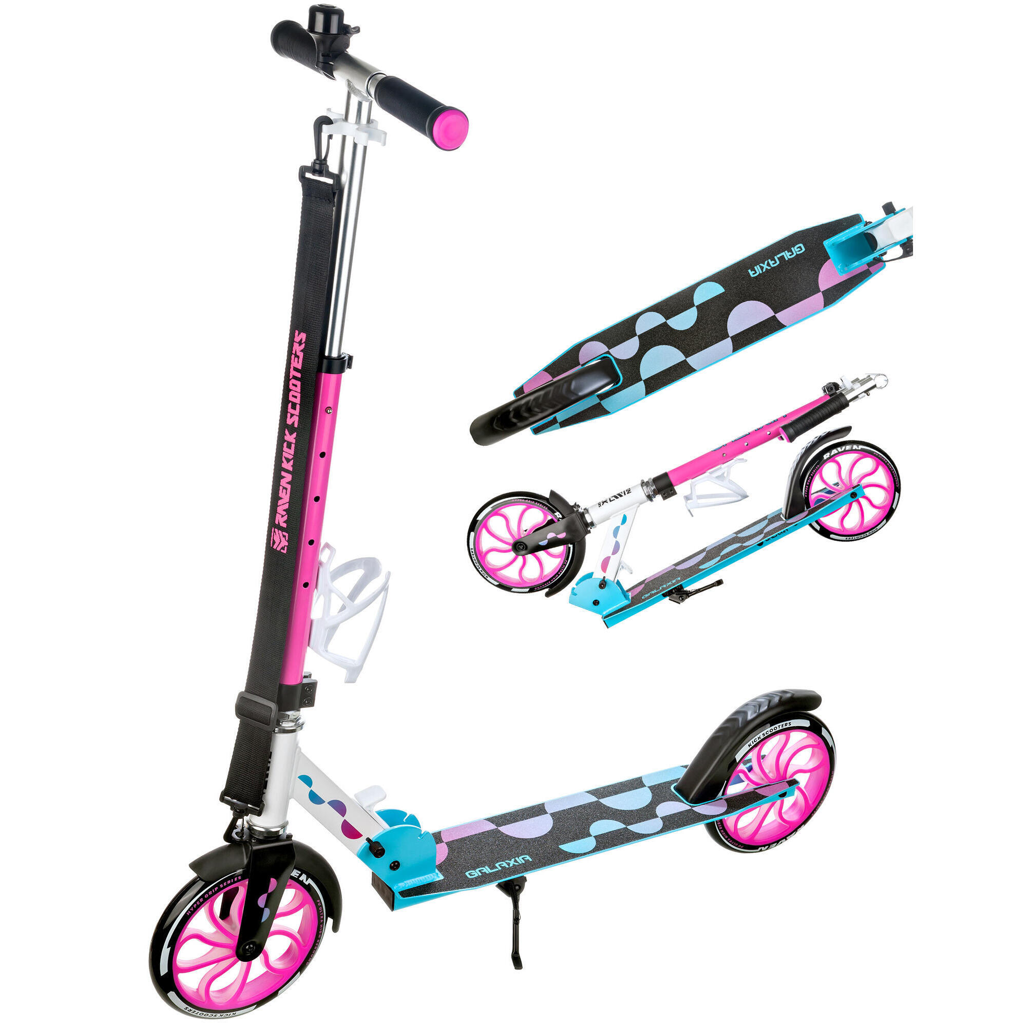 Raven - Trottinette Pliante Avec Sonnette, Porte-bouteille, Roues Galaxia Noir/rose - Trottinette - Bleu|noir|rose - Taille Unique - Decathlon