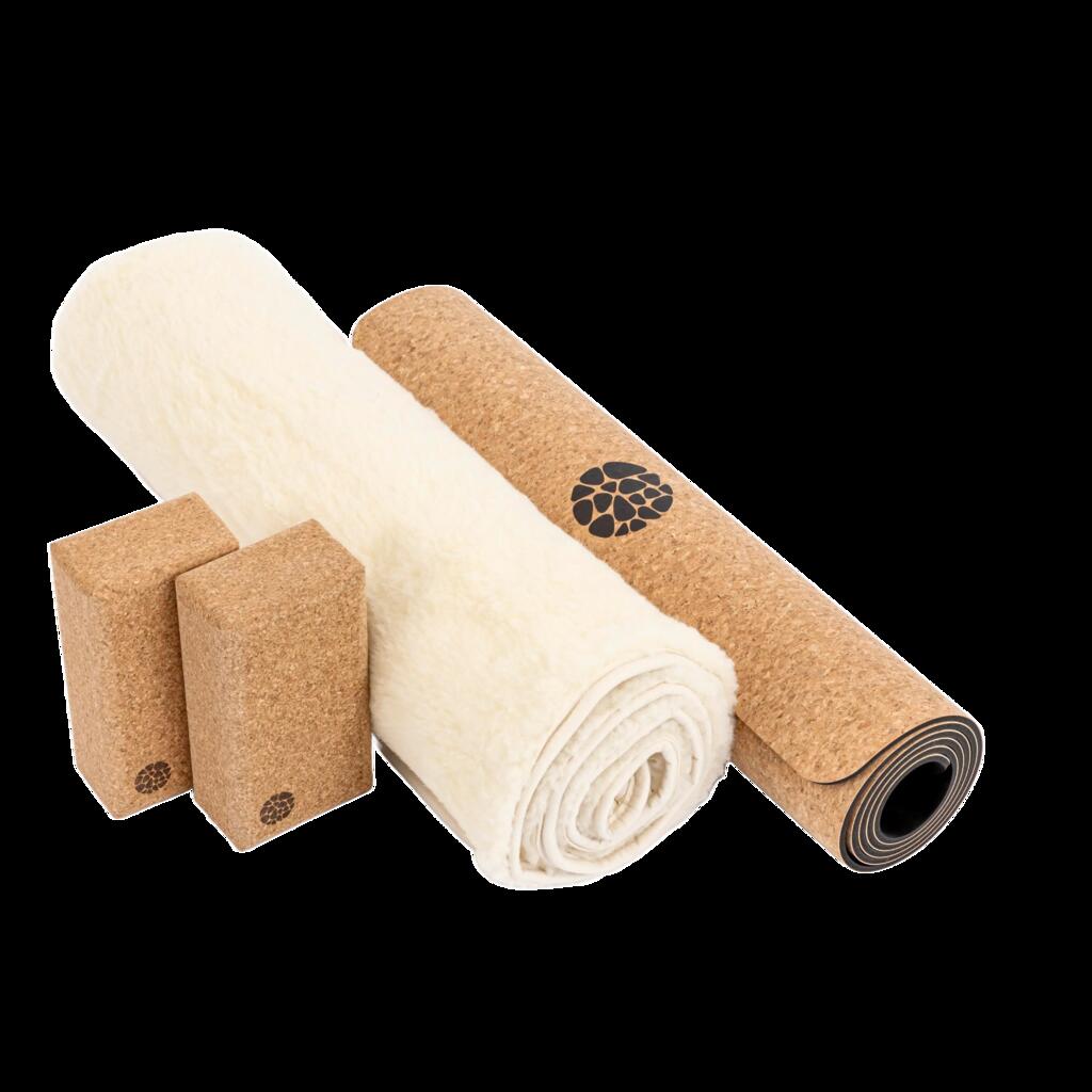 Essential Yoga Set - Cork yoga mat 6mm + wool cover + two cork yoga blocks