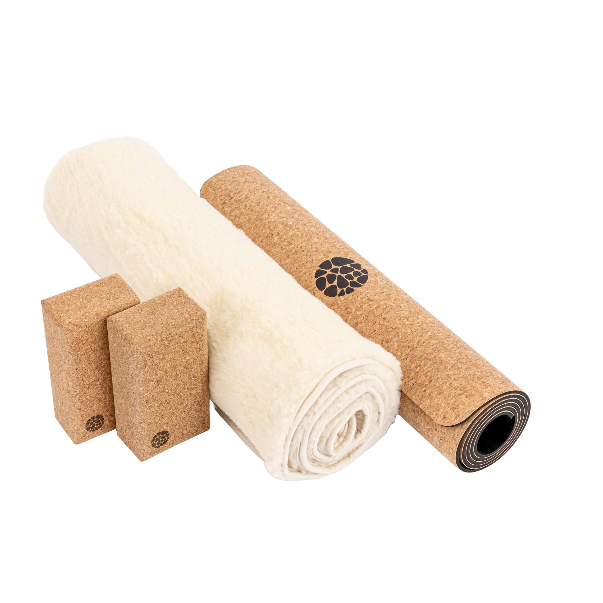 Pierre Sports - Tapis De Yoga En Liège 6mm + Sur-tapis De Yoga En Laine + Deux Blocs De Yoga - Tapis De Yoga - Blanc - 183 Cm - Decathlon