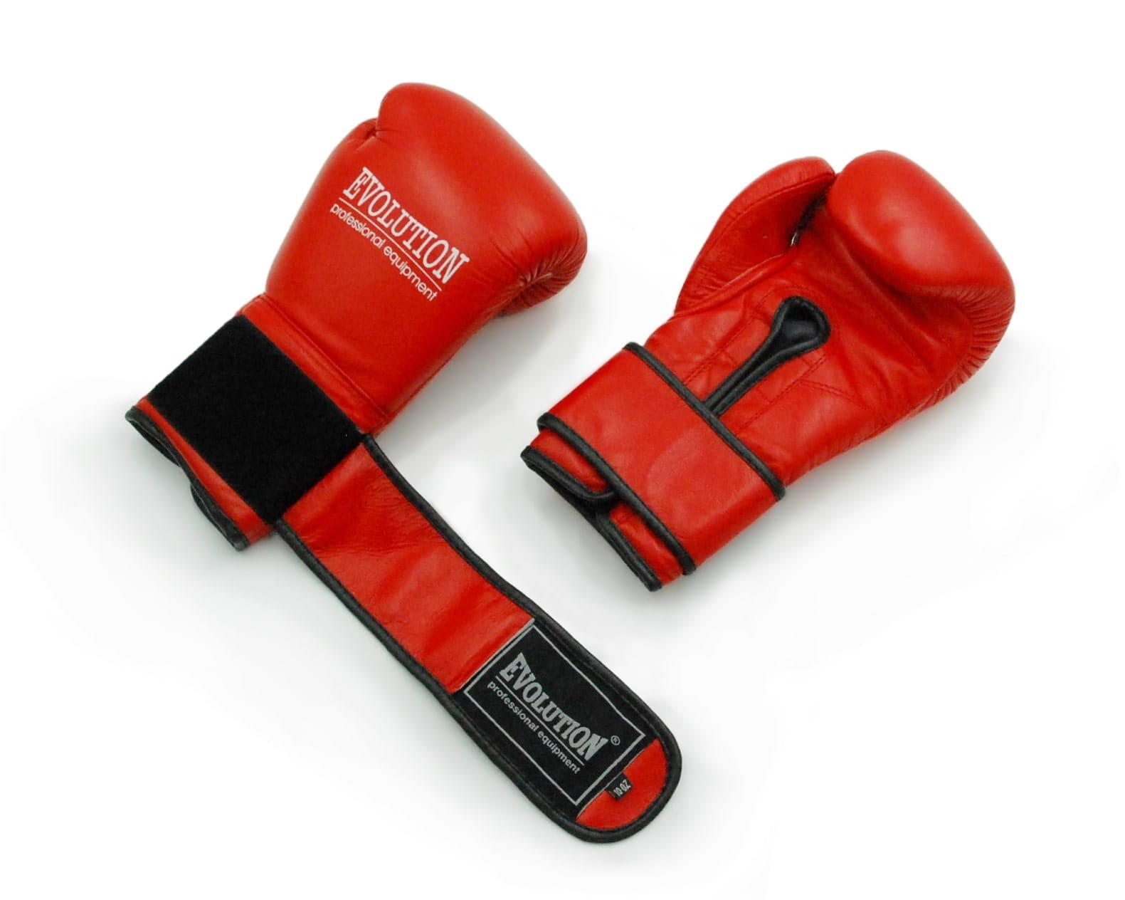 Gants de boxe Evolution professionnels, cuir rouge, fermeture velcro. 5/5