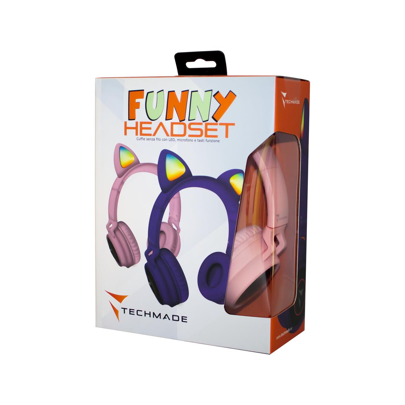 CUFFIE FUNNY wireless senza filo con microfono e tasti funzione, colore rosa 3/3