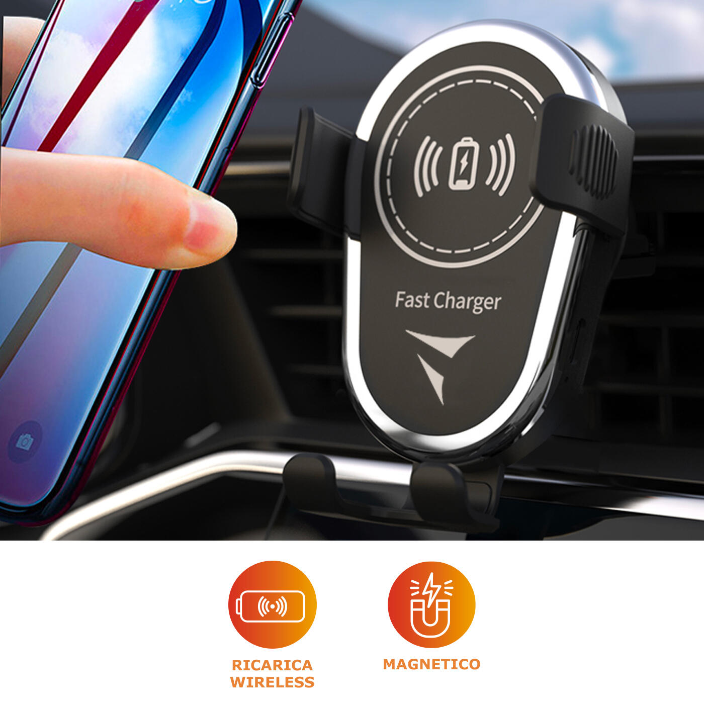 Caricatore cellulari auto wireless magnetico senza filo 15W nero con supporto 2/3