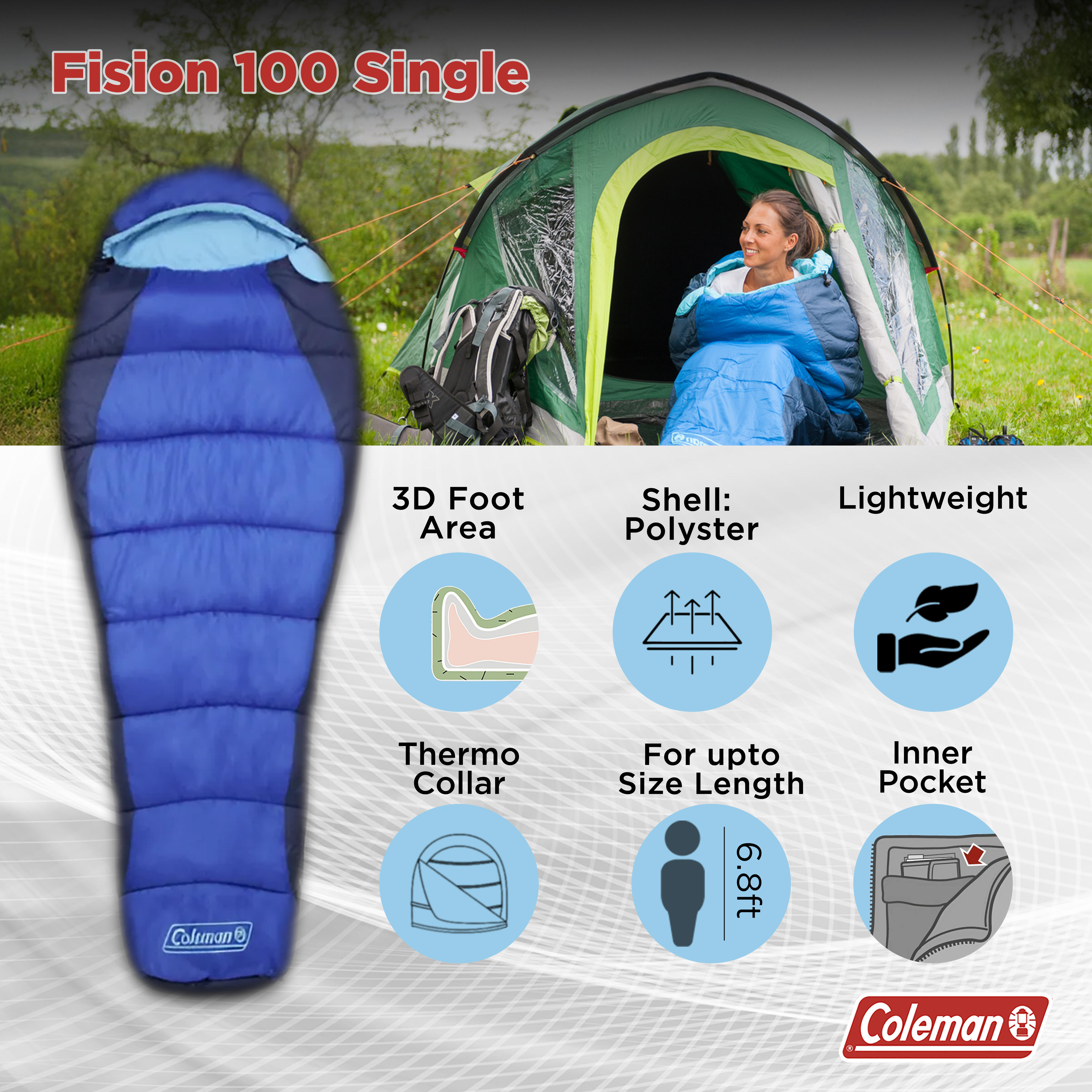Coleman Fision 100 Single Mummy Sleeping Bag I Comfort +9°C & Extreme -8°C