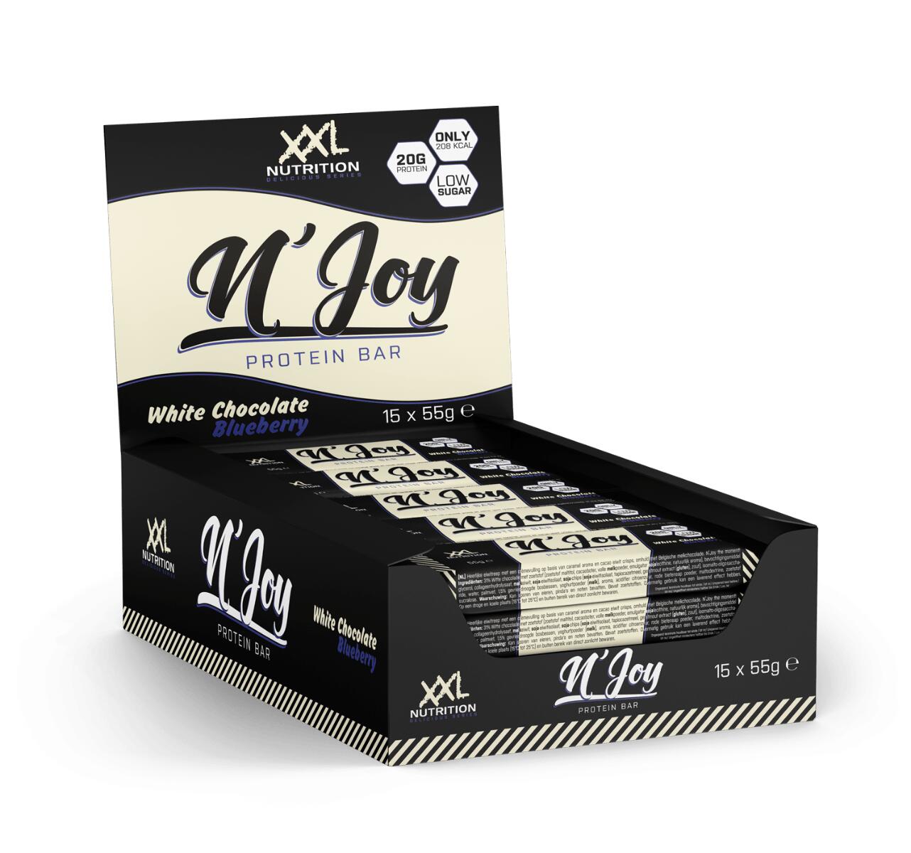 XXL NUTRITION N'Joy Protein Bar - 20g Proteïne, Eiwitreep -Witte Chocolade Blauwe Bes -15 Pack