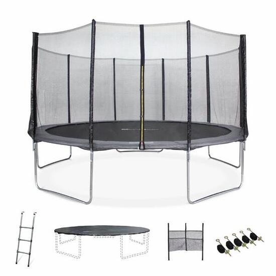 Trampoline 460cm - Neptune XXL gris et filet, échelle, bâche, filet chaussures,