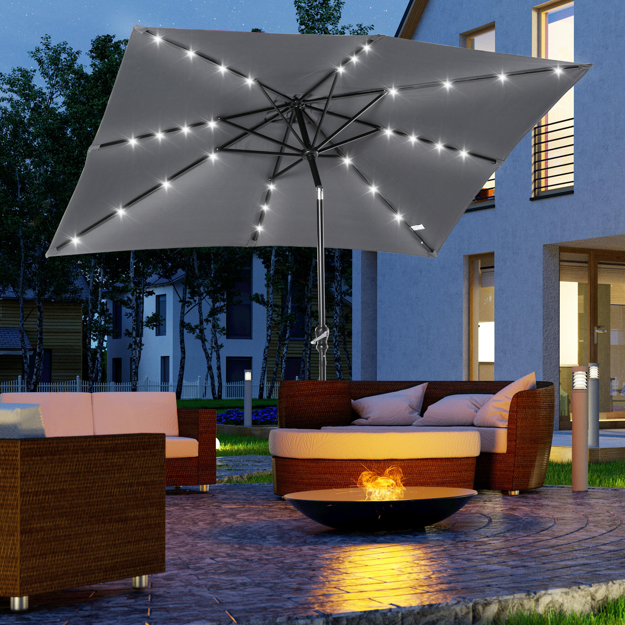 Chapéu de sol com luzes led 268x205x248 cm cinza escuro/cinza de carvão Outsunny 2/7