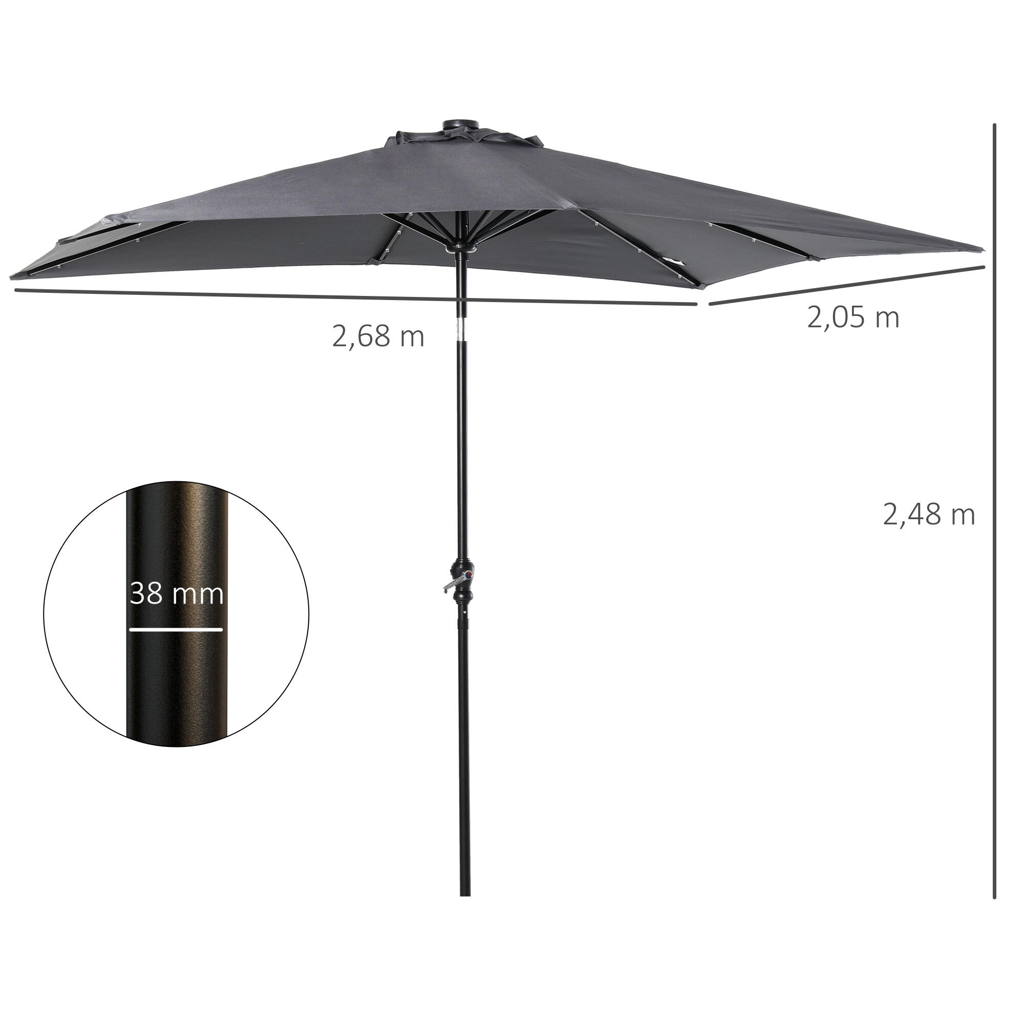 Chapéu de sol com luzes led 268x205x248 cm cinza escuro/cinza de carvão Outsunny 3/7