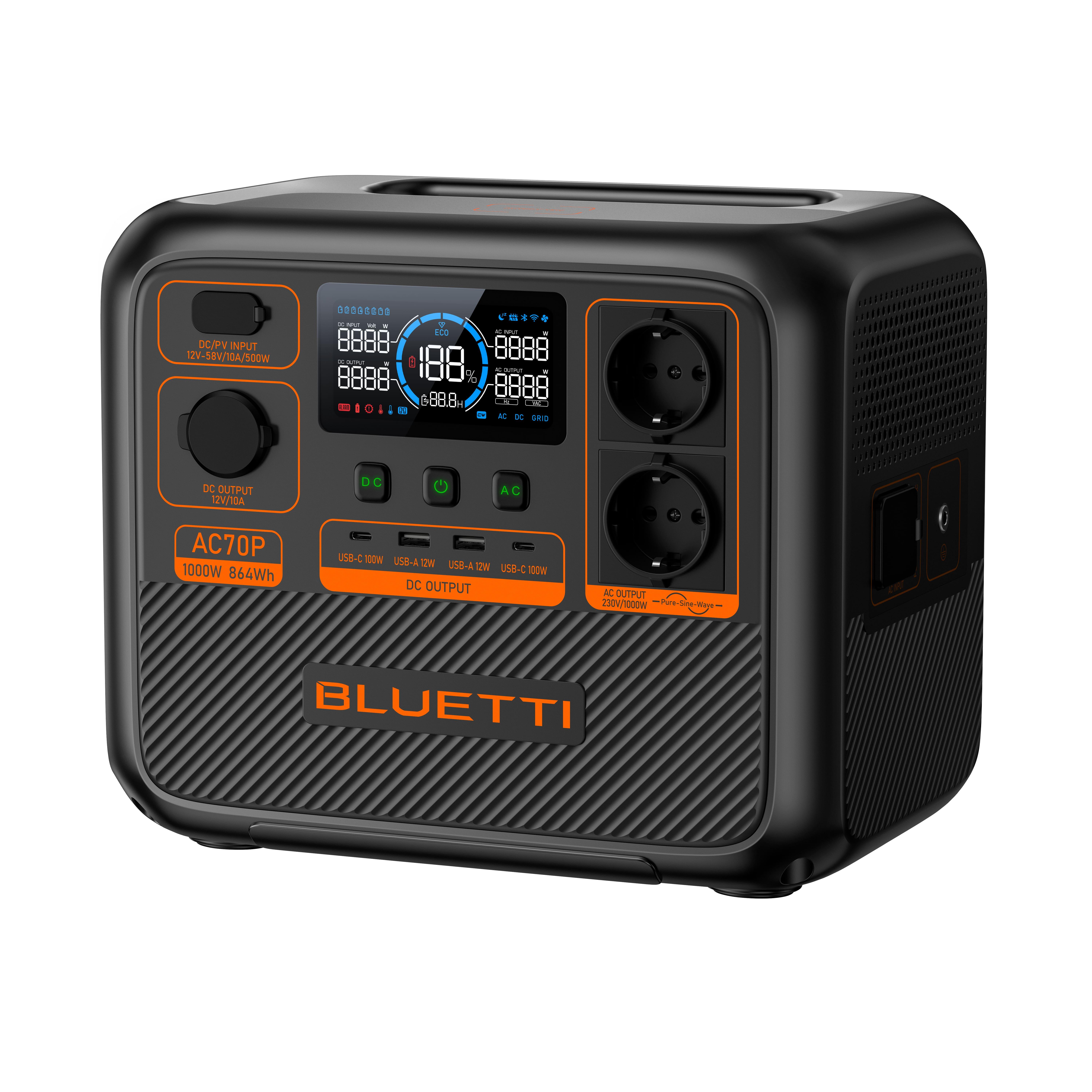 Powerstation BLUETTI AC70P, Bateria 864 Wh, 1000 W