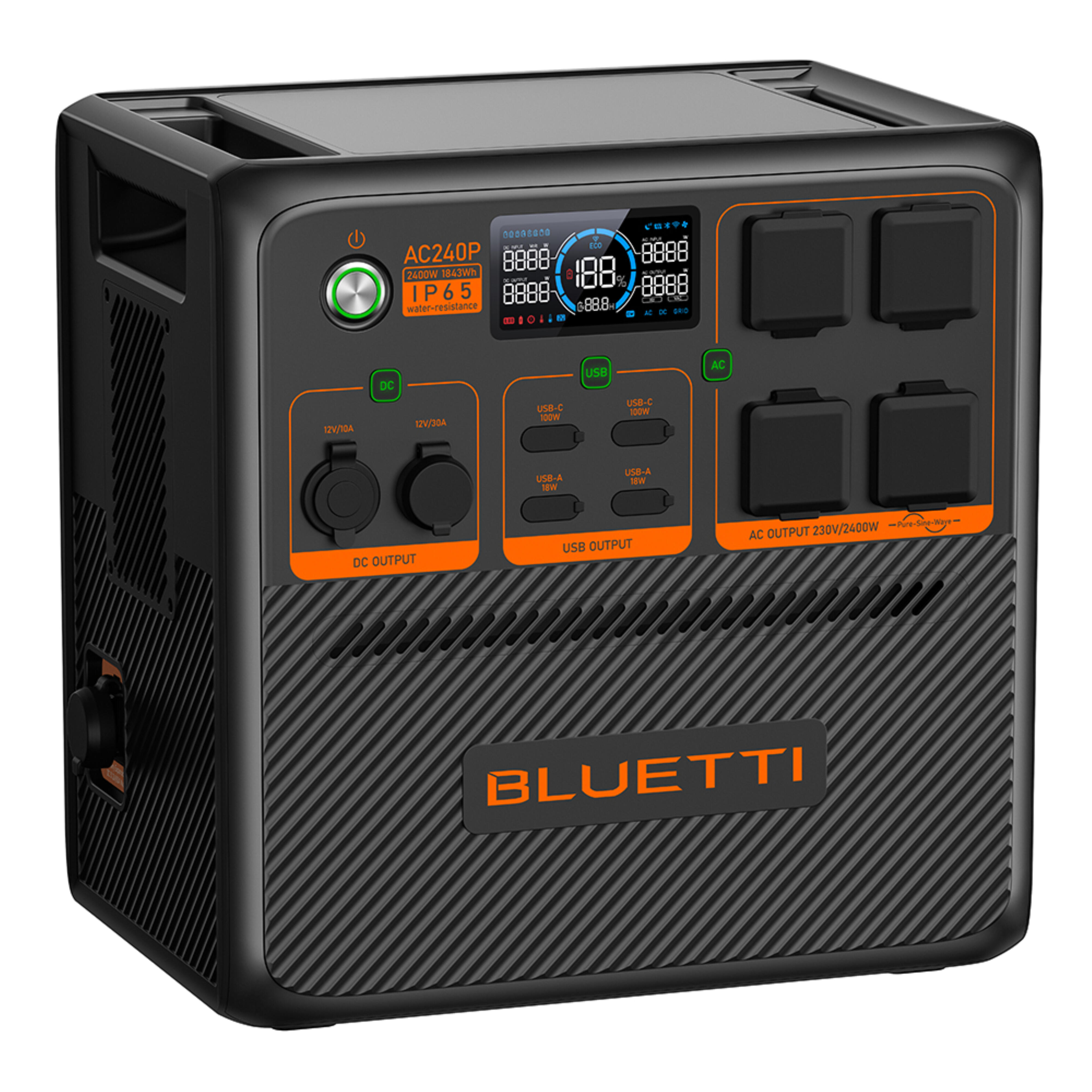 Bluetti ac240p ip65 powerstation, bateria 1843wh, 4x2400w, ip65
