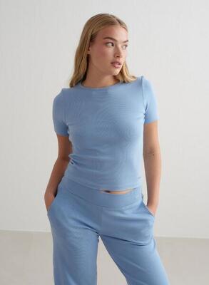 Dames yoga shirt met korte mouwen geribbelde lichtblauw