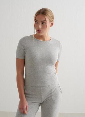 Dames yoga shirt met korte mouwen geribbelde lichtgewicht grijs gemêleerd