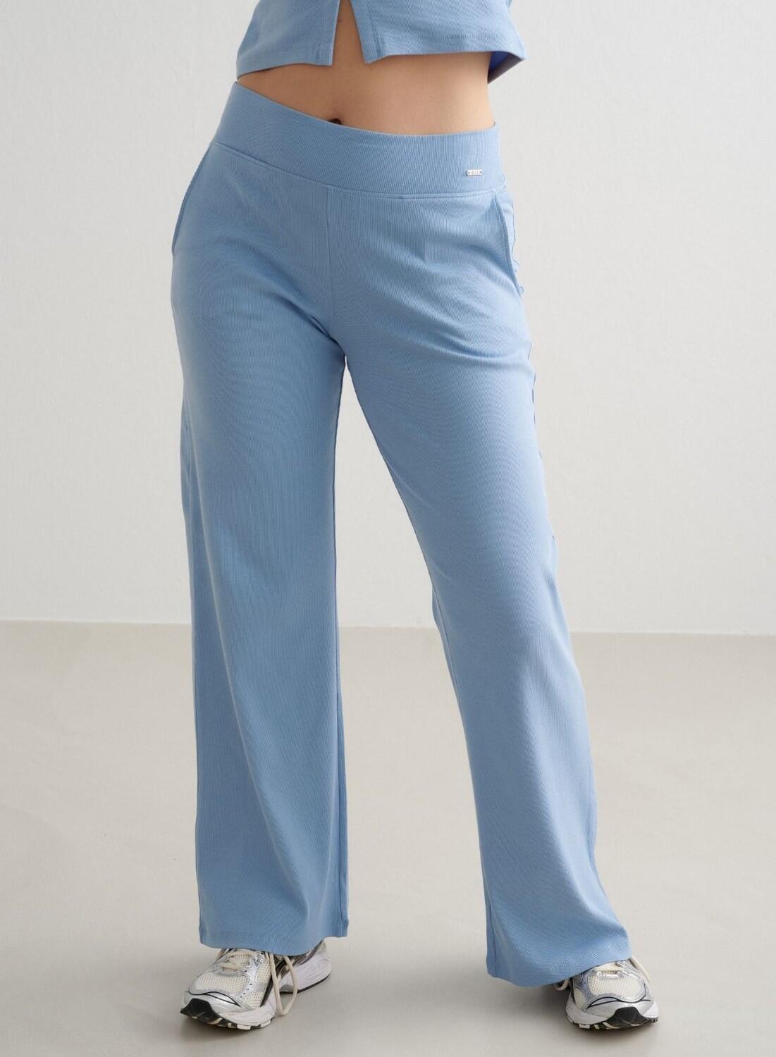 AIM'N Dames Yoga Broek met Wijde Pijpen Geribbelde Lichtgewicht Lichtblauw