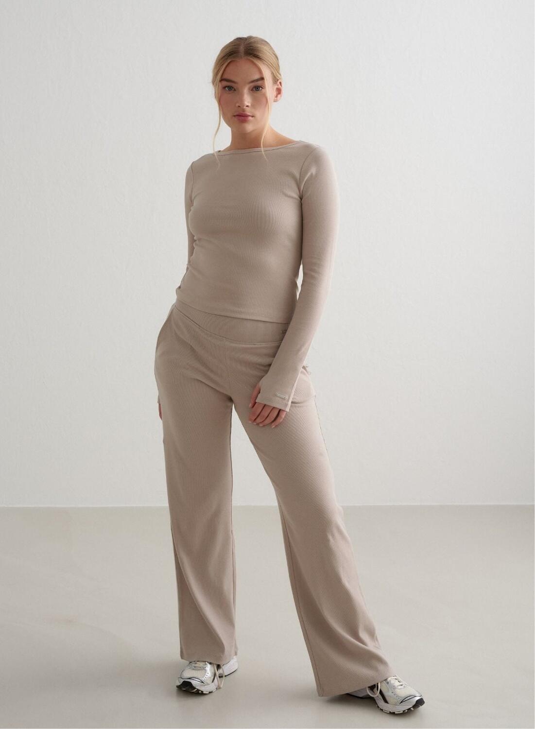 Dames Yoga Shirt met Lange Mouwen Geribbelde Lichtgewicht Donkerbeige 4/6