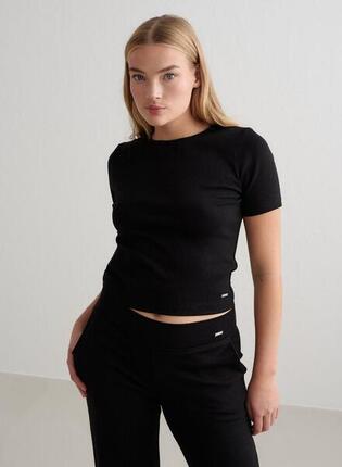 Damen Kurzarmshirt Gerippt Lichtgewicht Schwarz