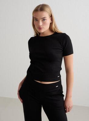 Dames yoga shirt met korte mouwen geribbelde lichtgewicht zwart