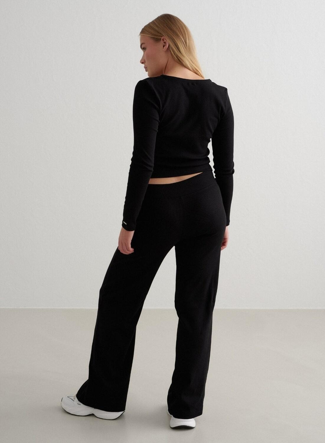 Dames Yoga Broek met Wijde Pijpen Geribbelde Lichtgewicht Zwart 3/4