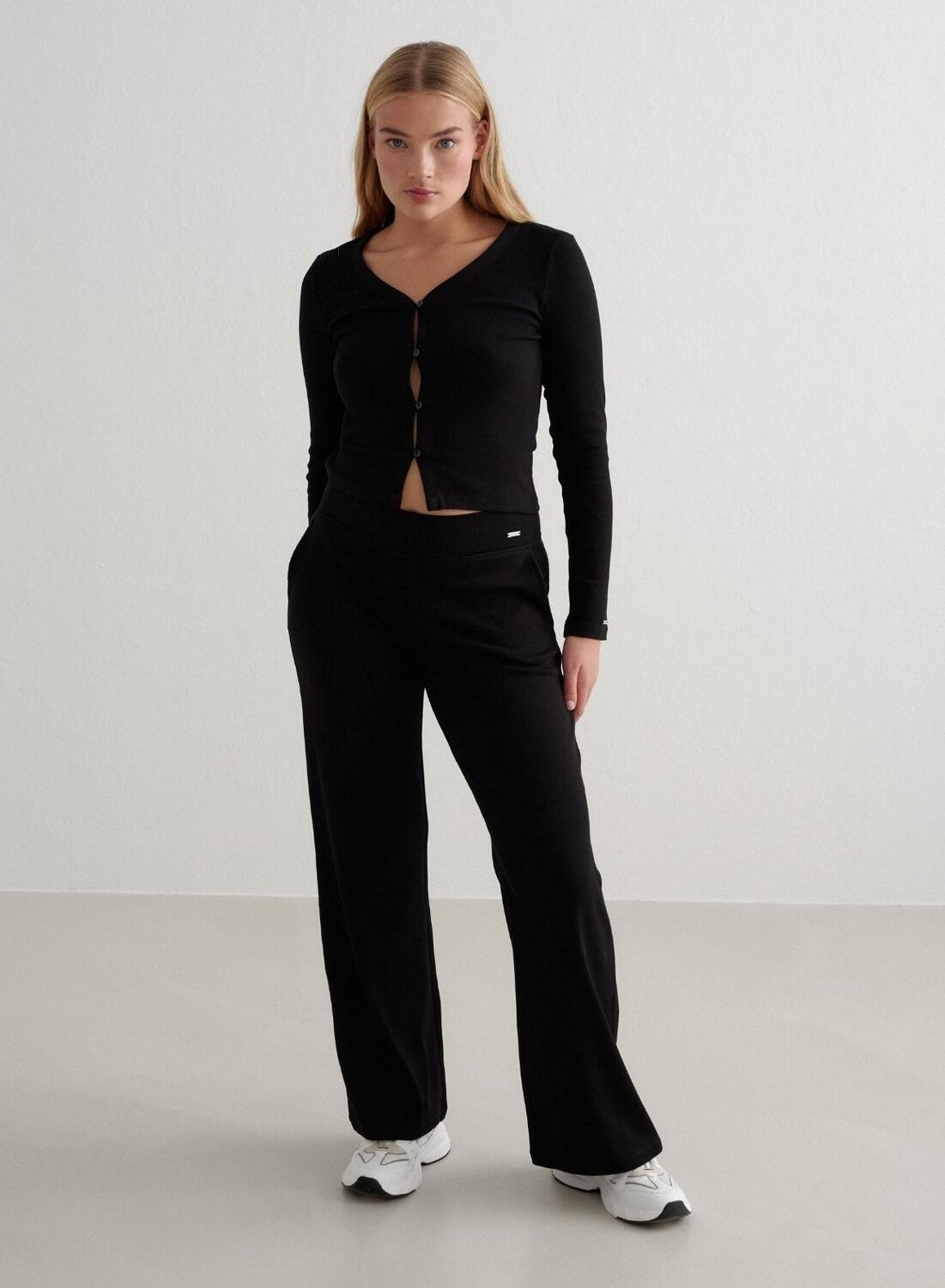 Dames Yoga Broek met Wijde Pijpen Geribbelde Lichtgewicht Zwart 2/4