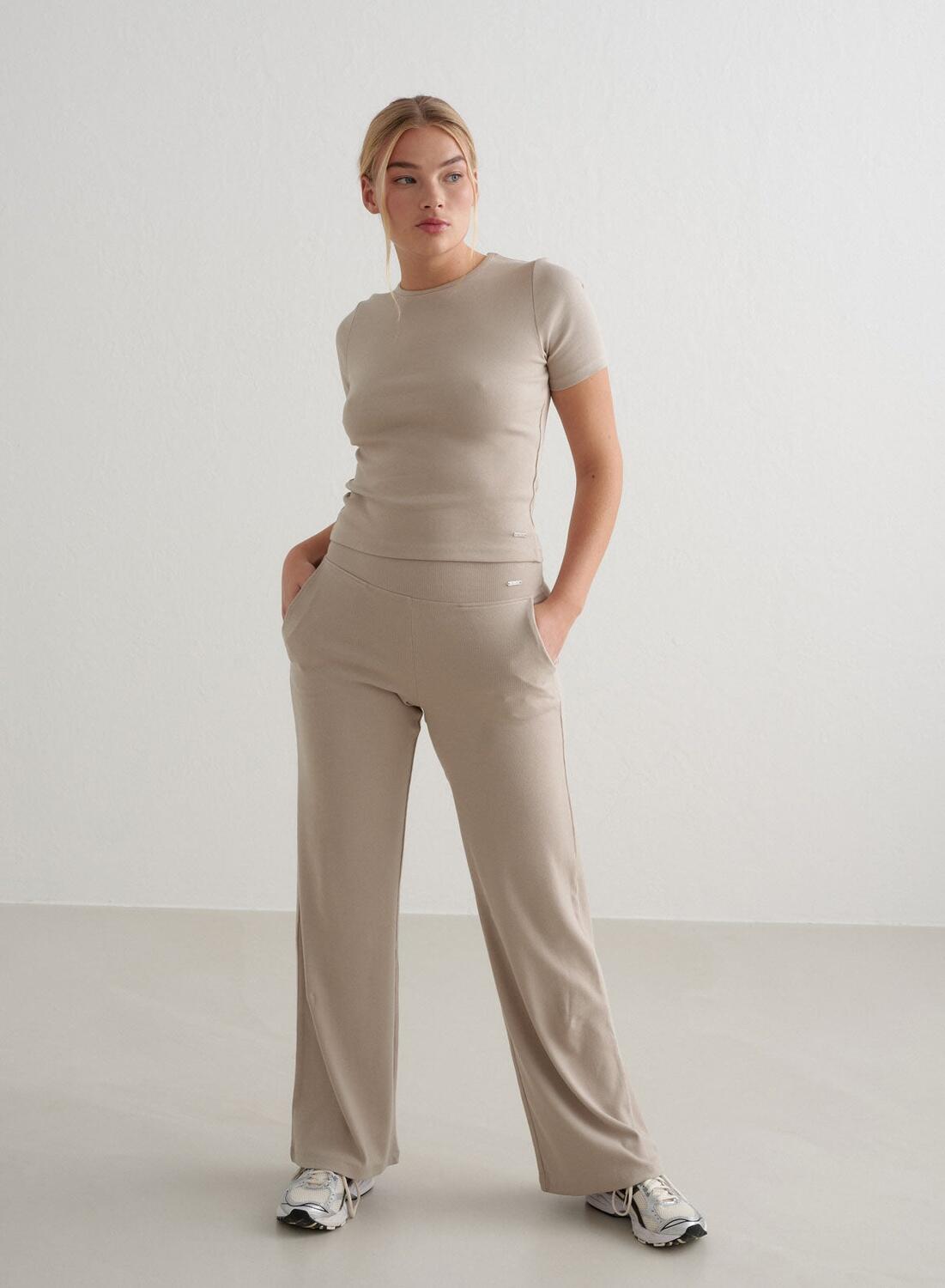Dames Yoga Broek met Wijde Pijpen Geribbelde Lichtgewicht Donkerbeige 2/6