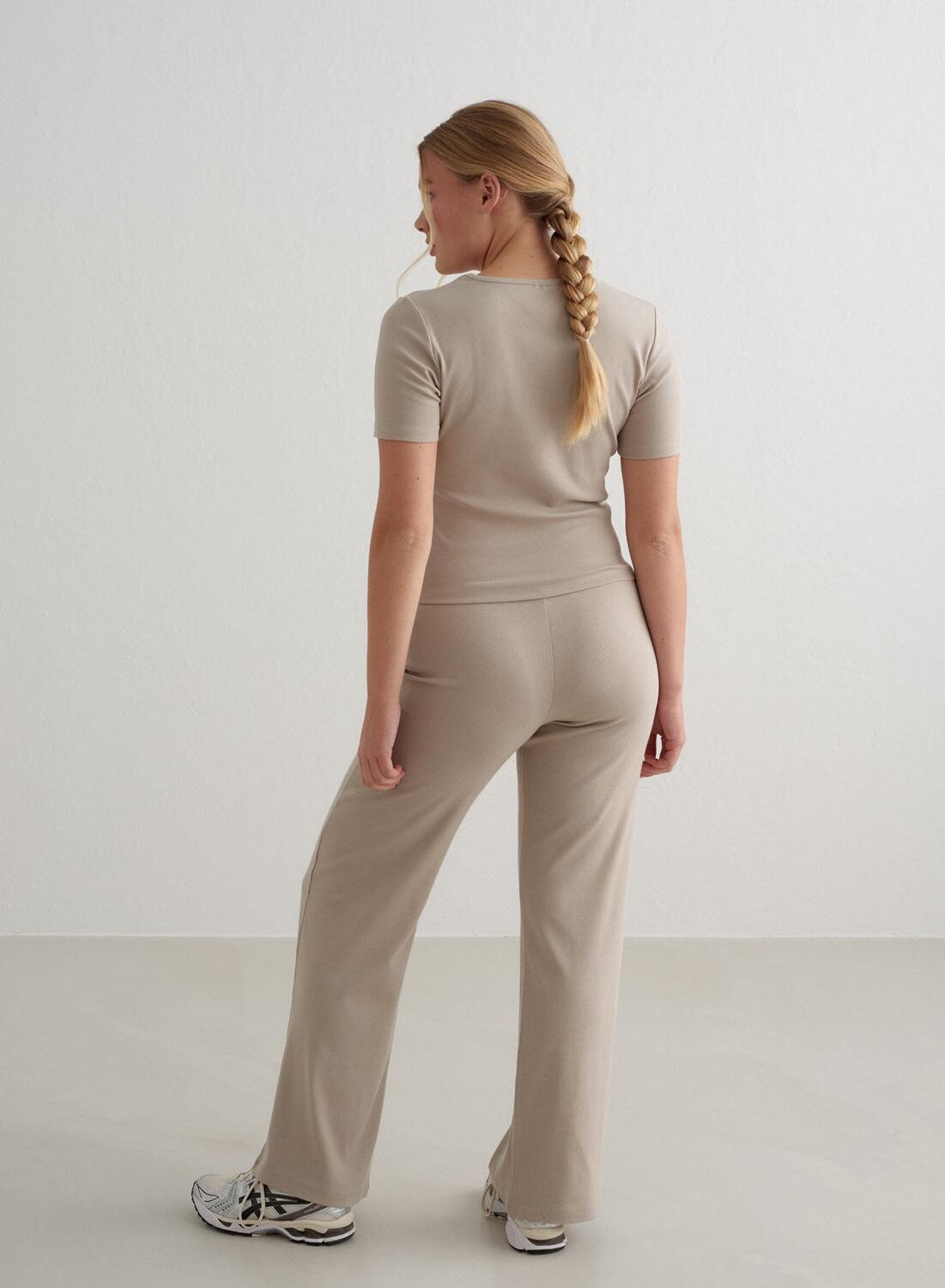 Dames Yoga Broek met Wijde Pijpen Geribbelde Lichtgewicht Donkerbeige 5/6