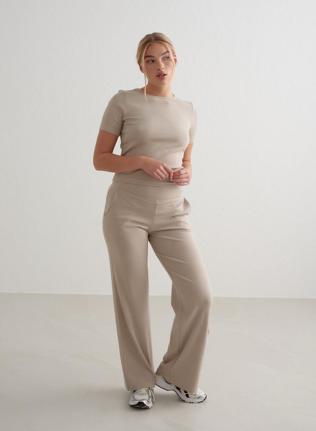 Dames Yoga Broek met Wijde Pijpen Geribbelde Lichtgewicht Donkerbeige 6/6