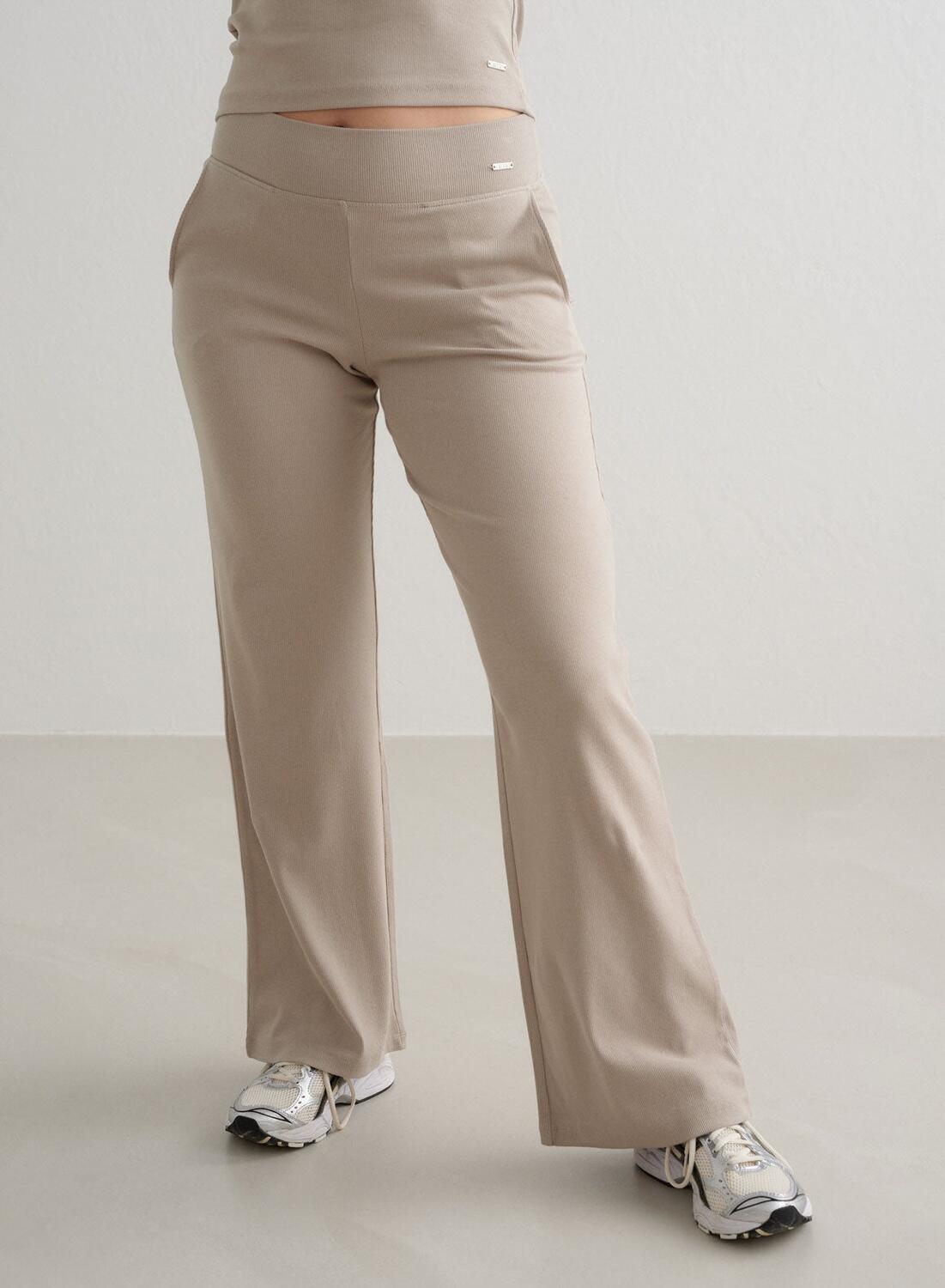 AIM'N Dames Yoga Broek met Wijde Pijpen Geribbelde Lichtgewicht Donkerbeige