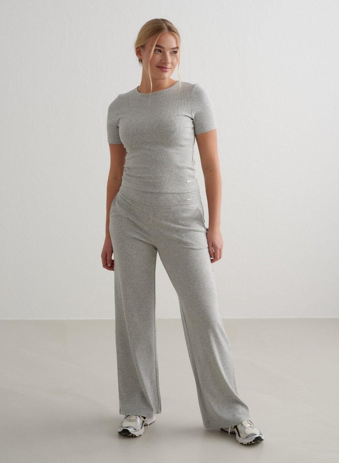 Dames Yoga Broek met Wijde Pijpen Geribbelde Lichtgewicht Grijs Gemêleerd 5/6