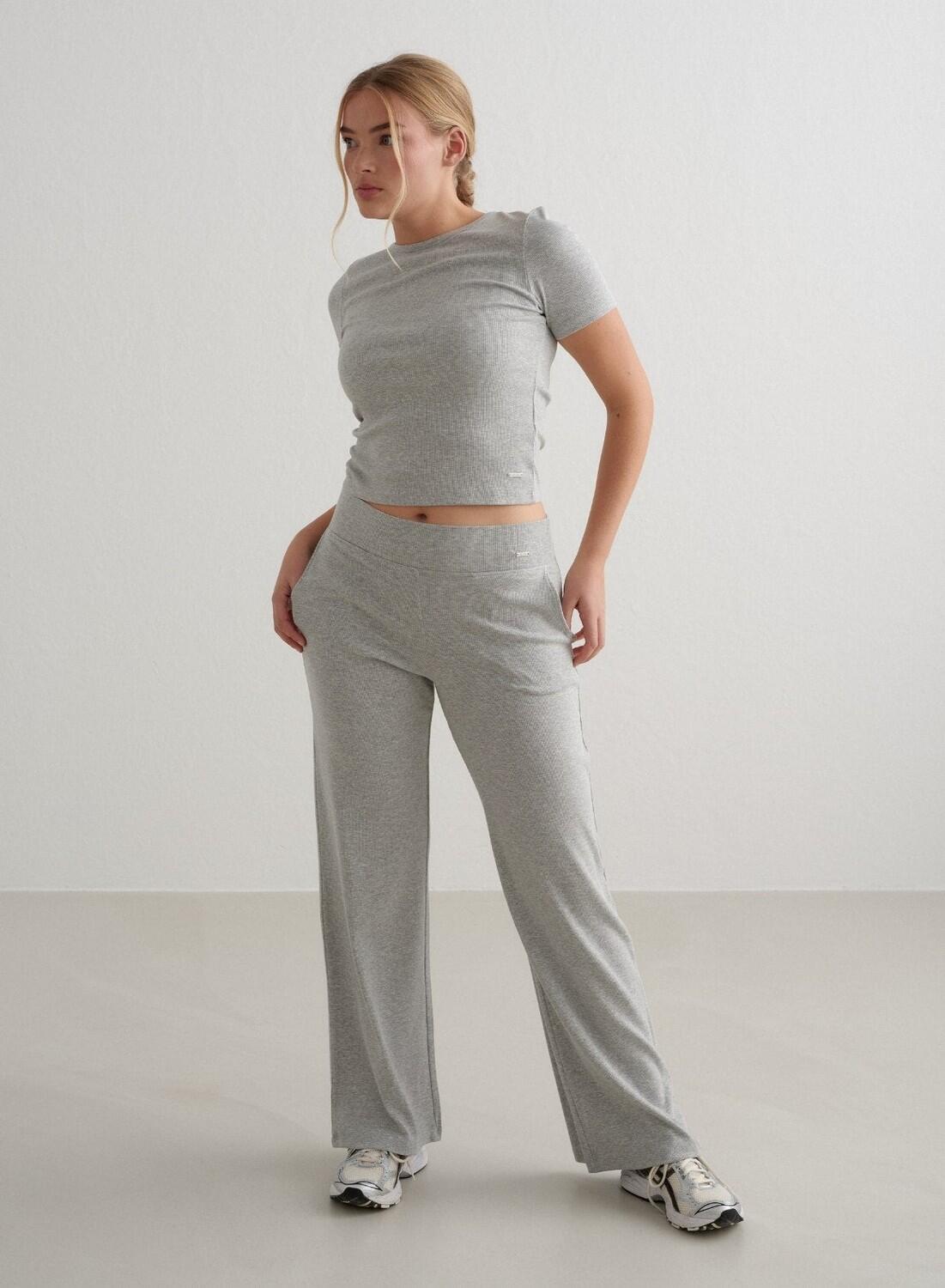 Dames Yoga Broek met Wijde Pijpen Geribbelde Lichtgewicht Grijs Gemêleerd 2/6