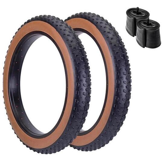 Coppia Copertone Fat Bike Tassellato 20 X 4.0 + Camera D'Aria Marrone/Nero