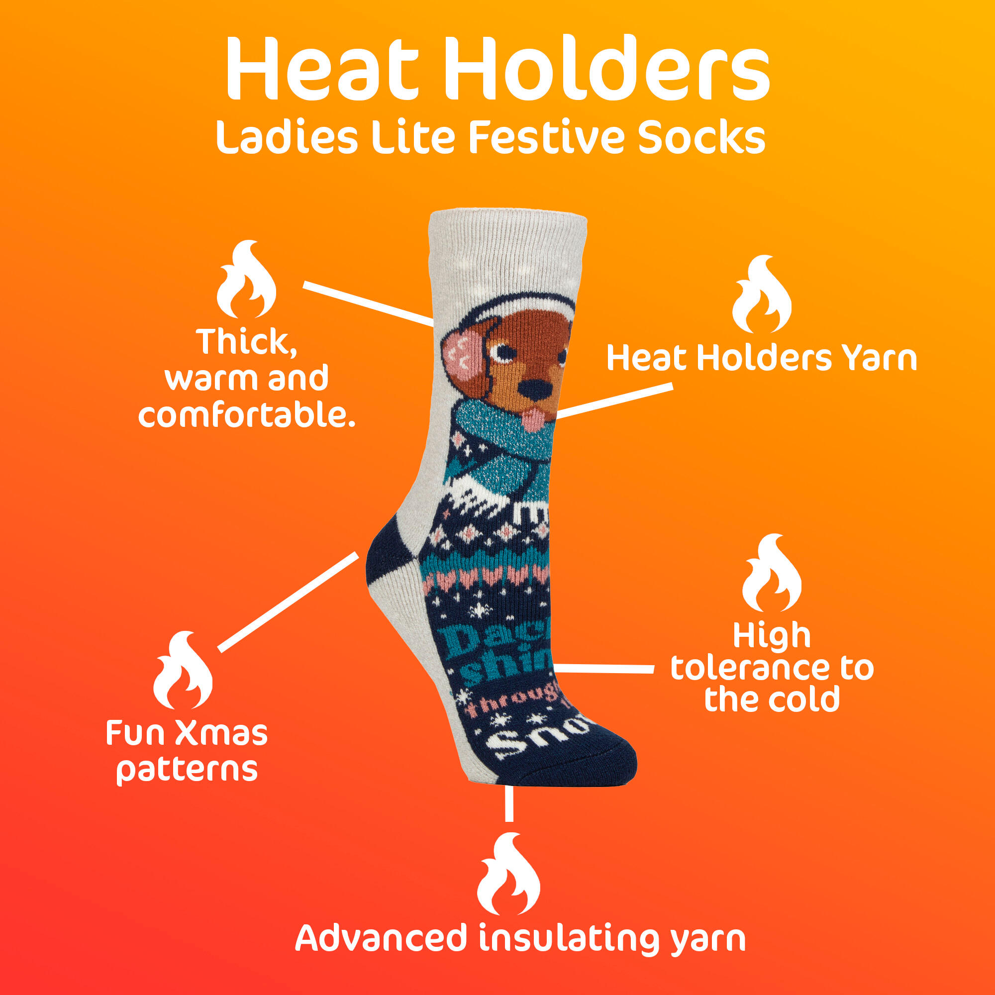 Heat Holders Lite Thermal Socks Women Beige, Christmas Patterns 6/6