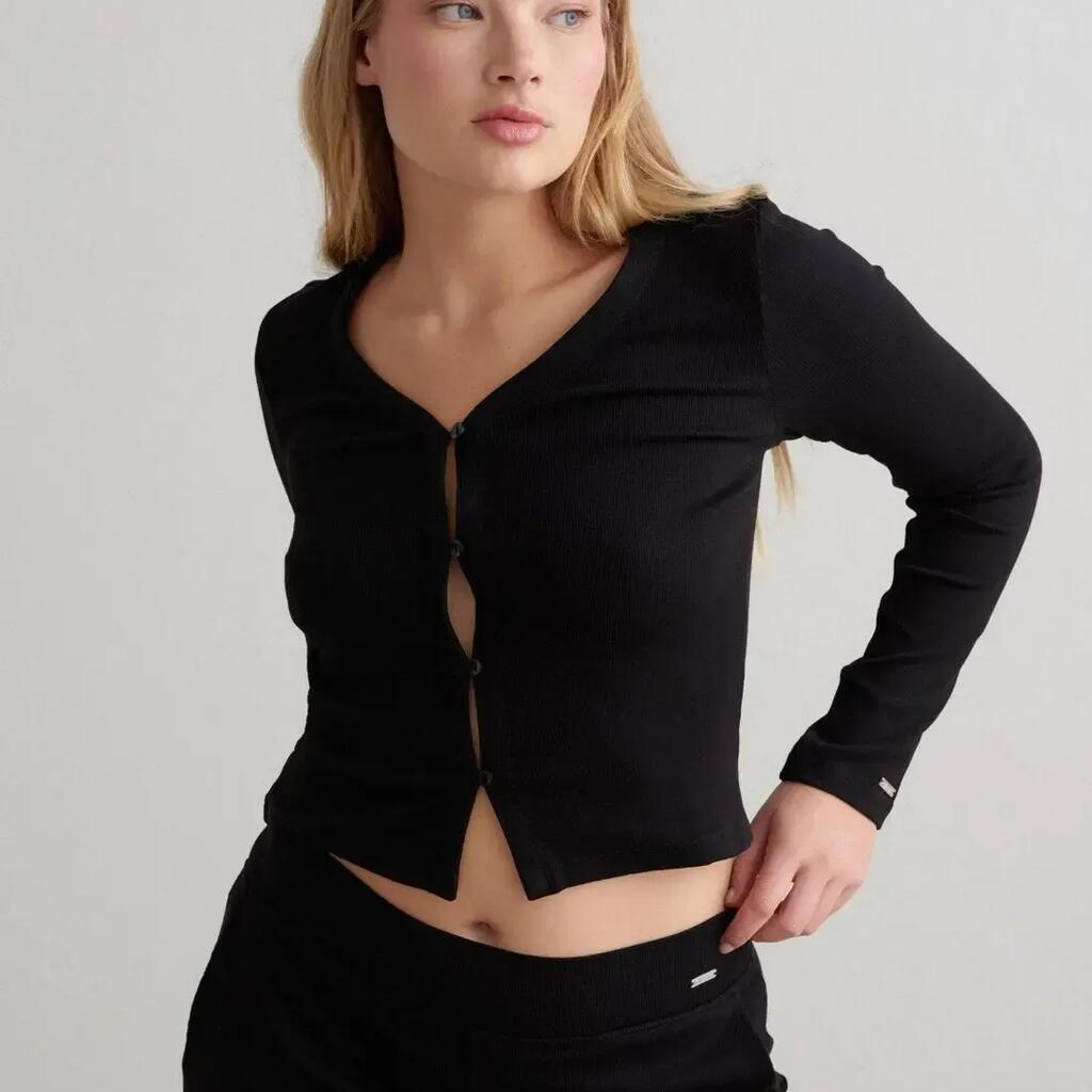 Women's Cardigan Long Sleeve Ribbed Tight Fit V-Neck Button-Front Ease Black