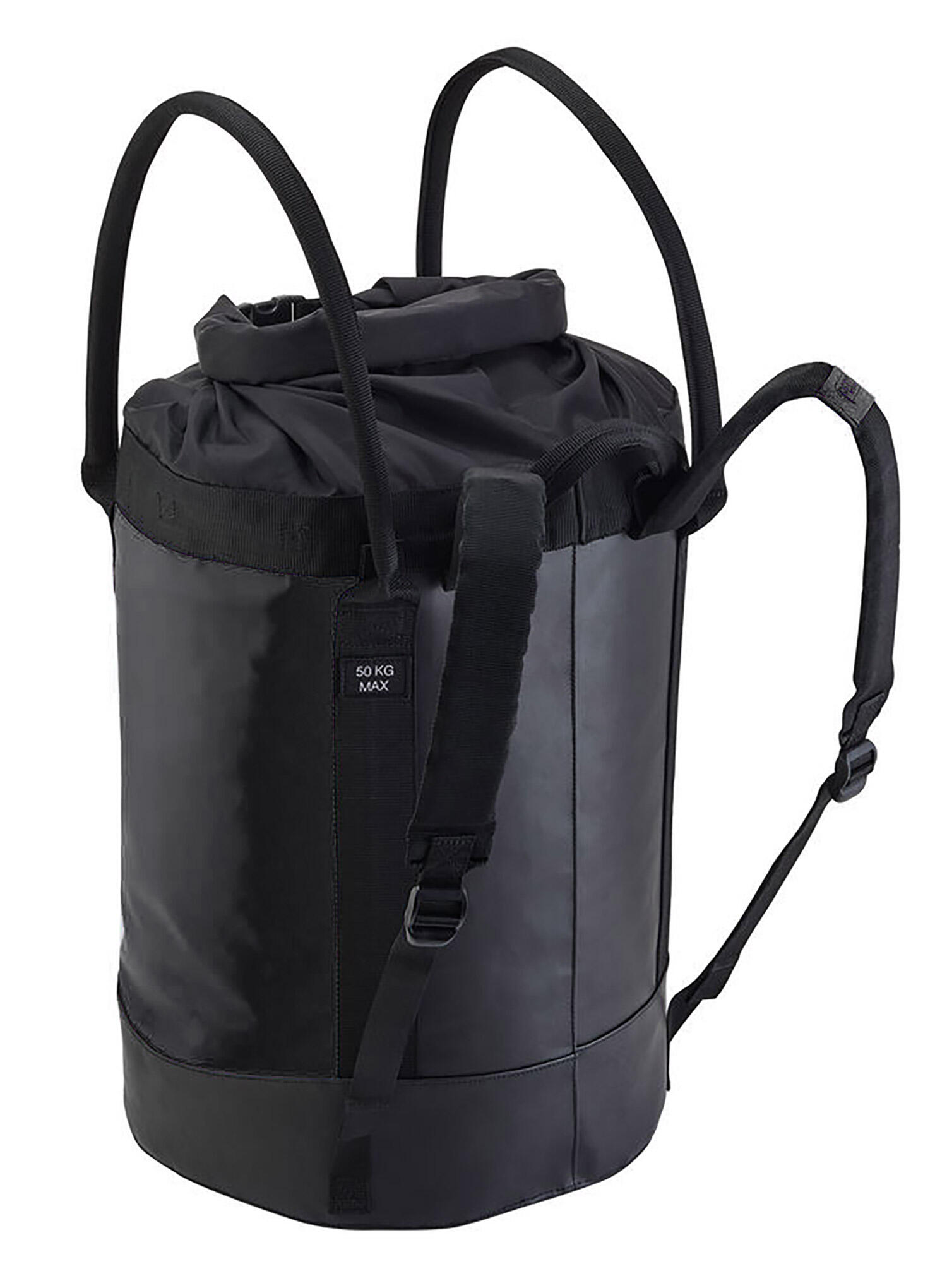 Sac Petzl BUCKET 45L noir, bâche TPU étanche, auto‑portant, 185 m corde 11 mm 3/3