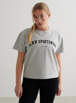 Femme T-shirt Manches Courtes Ample Coton Biologique Varsity Gris Chiné