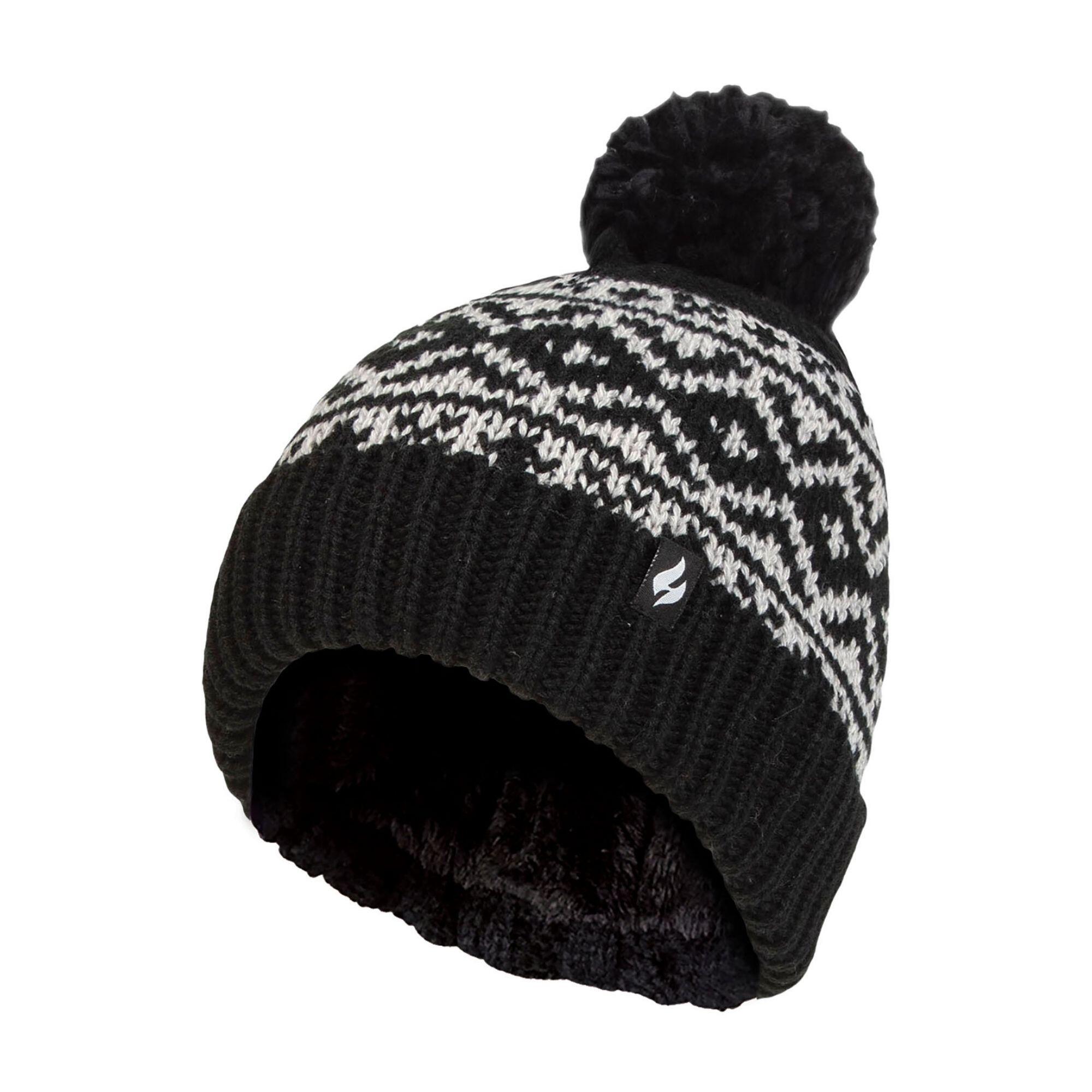 Cozy Patterned Bobble Hat for Women Cable Knit Beanie with Fleece Lining
