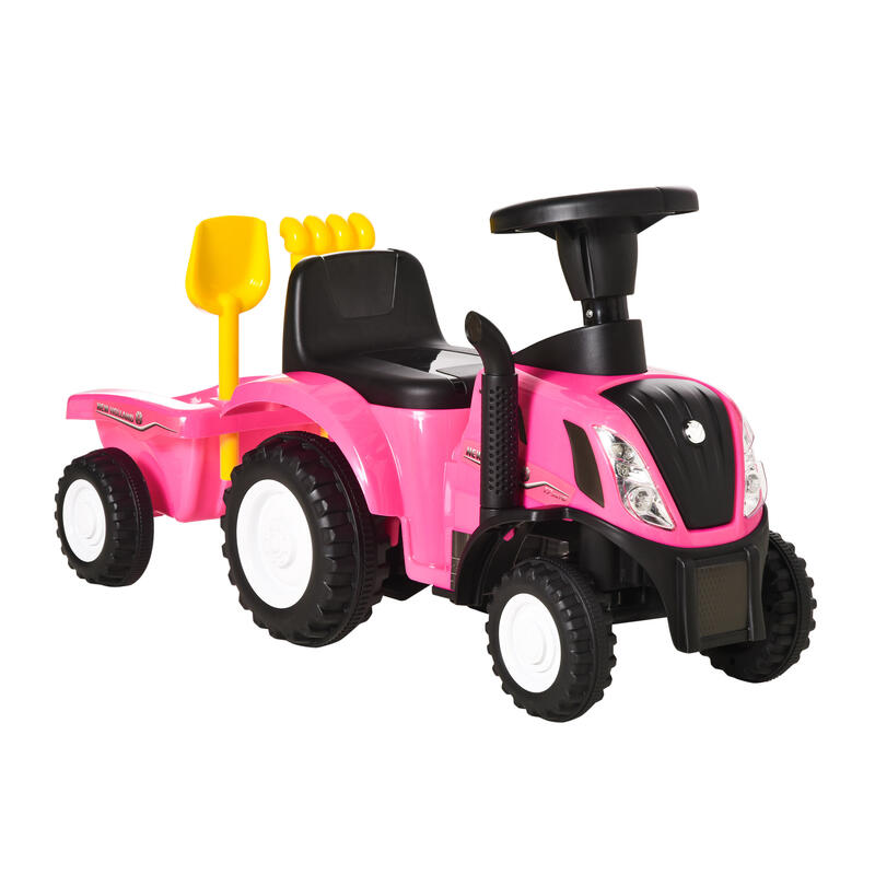 HOMCOM Tractor con Remolque para Niños 12-36 Meses con Faros Pala y Rastrillo